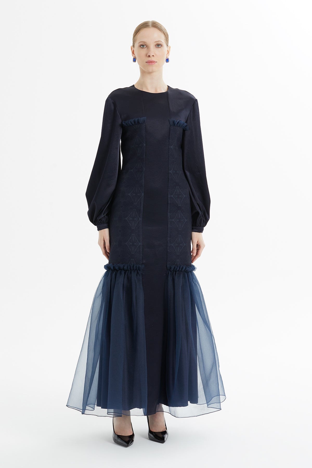 Navy Long Dress with Tulle Detail