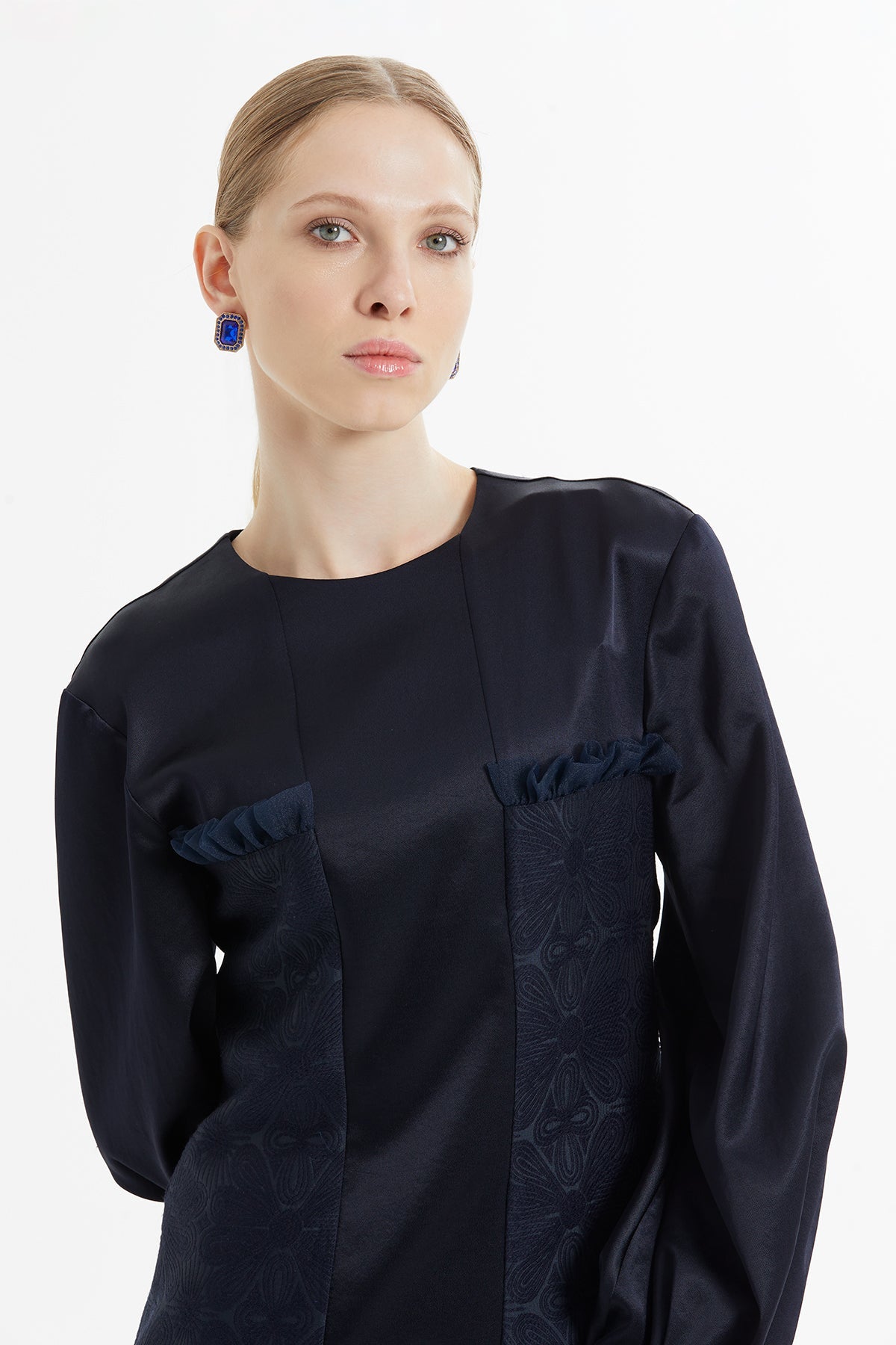 Navy Long Dress with Tulle Detail