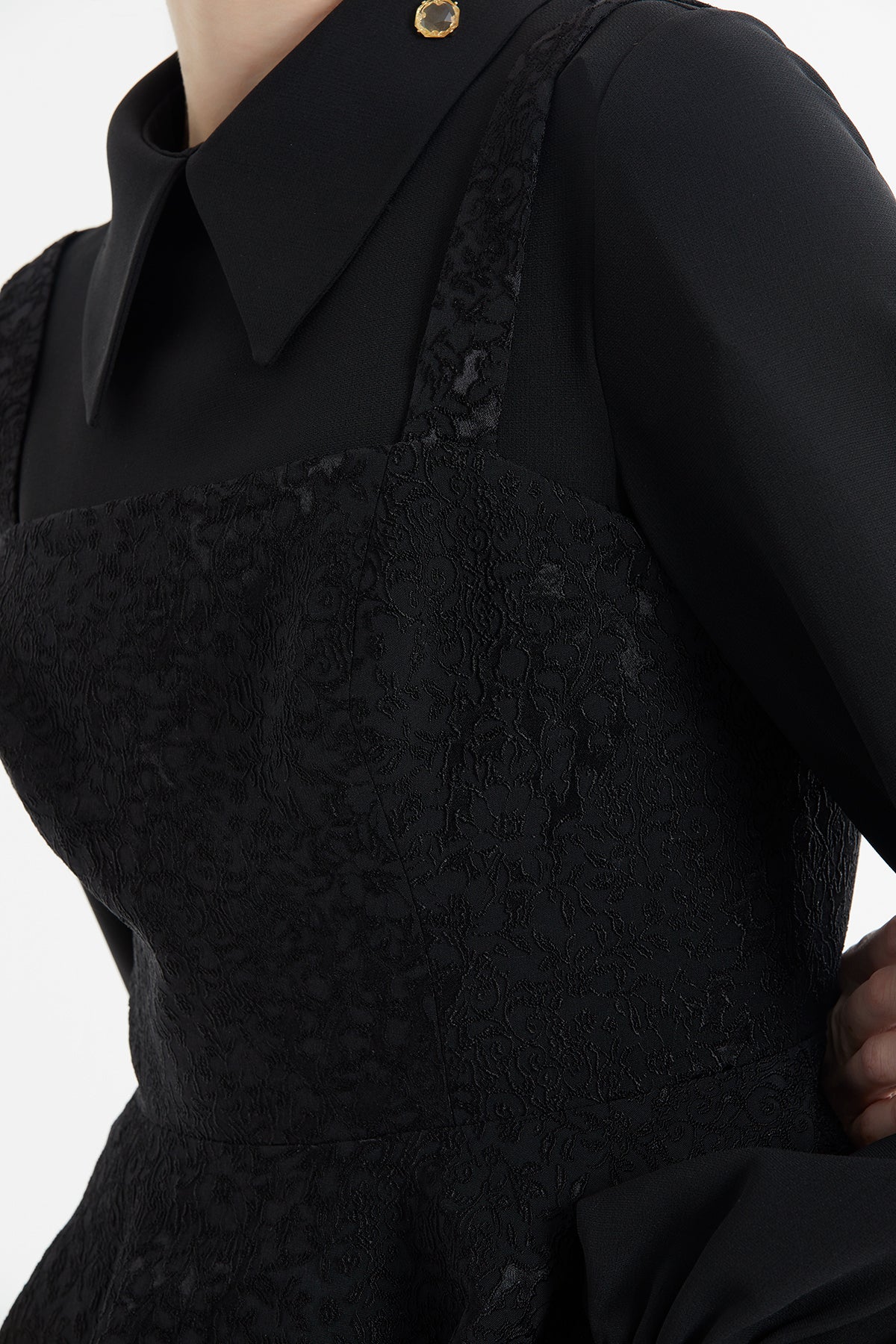 Black Lace-Detail Peplum Long Dress