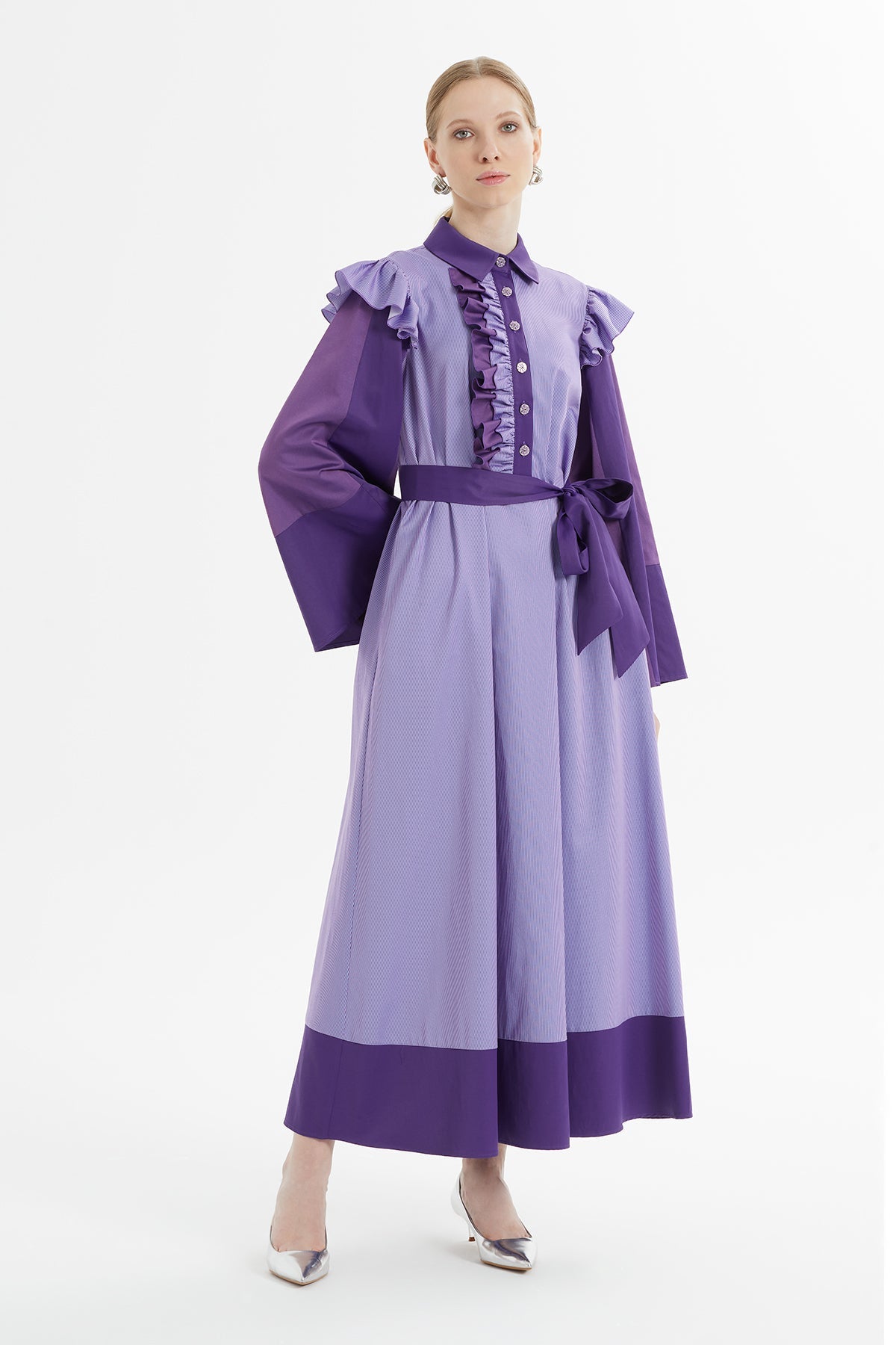 Purple Long Dress with Ruffled Shoulders
