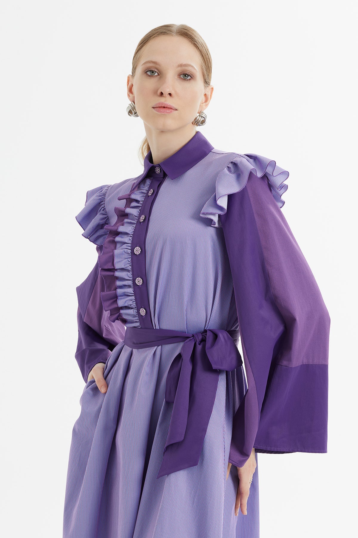 Purple Long Dress with Ruffled Shoulders