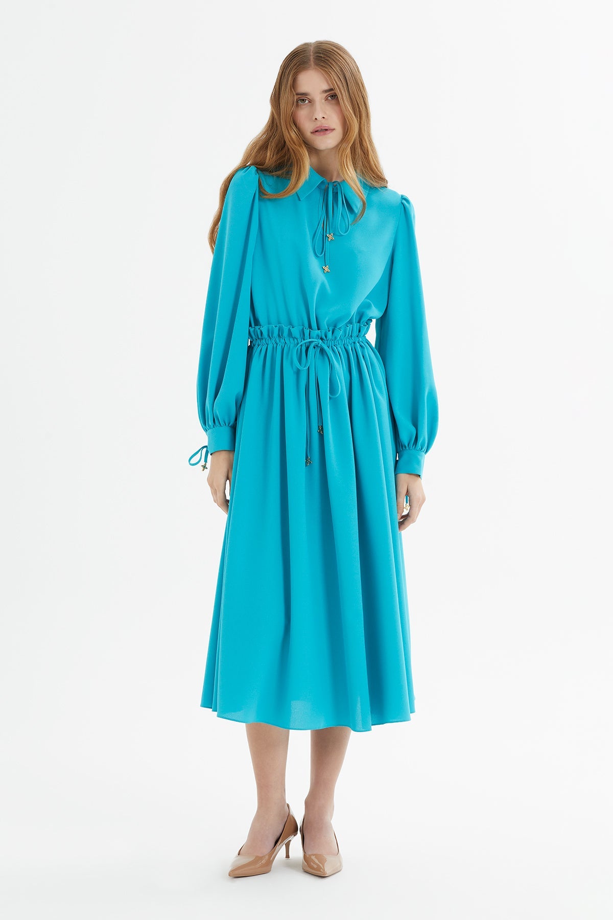 Bleu Midi Dress with Gathered Waist