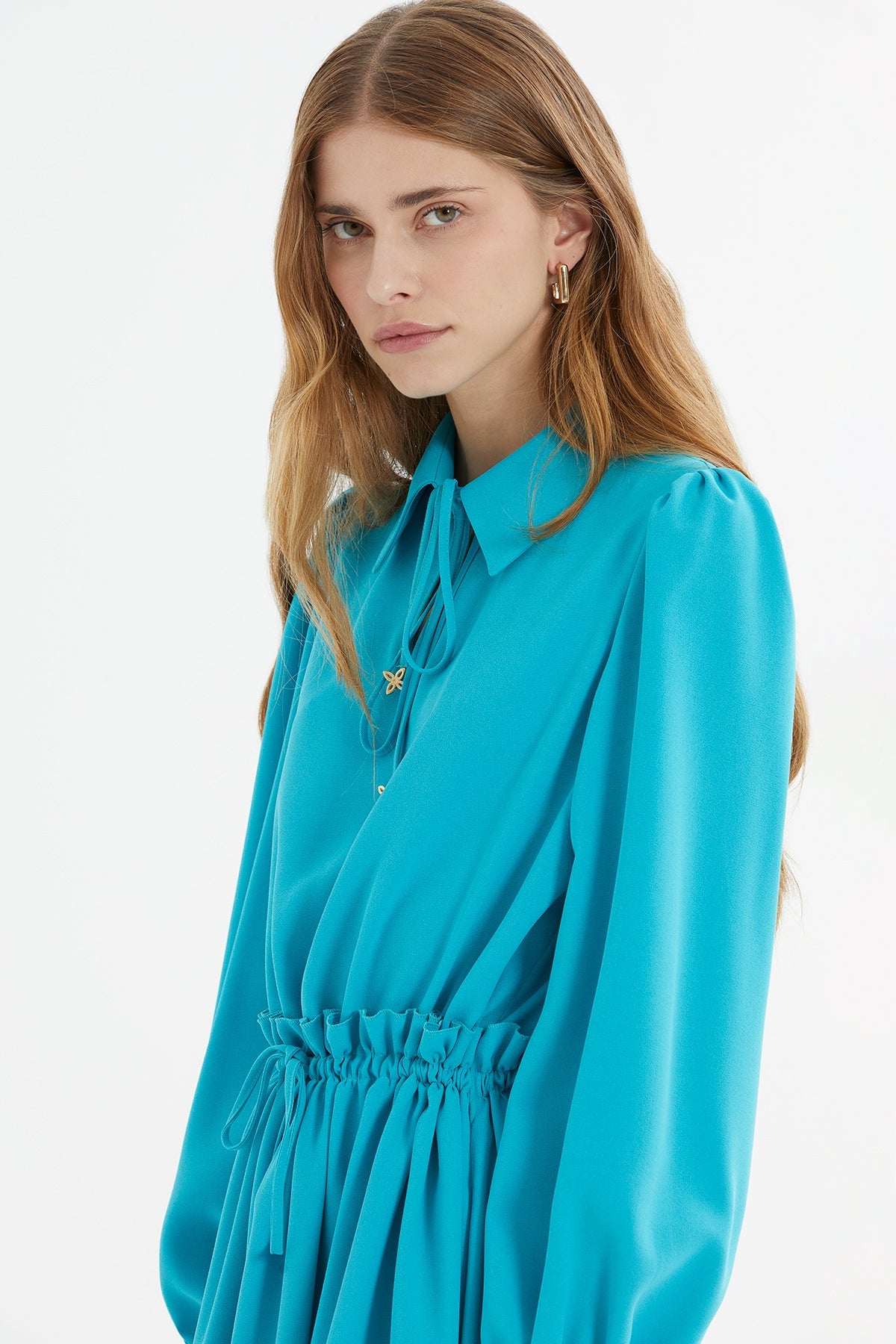 Bleu Midi Dress with Gathered Waist