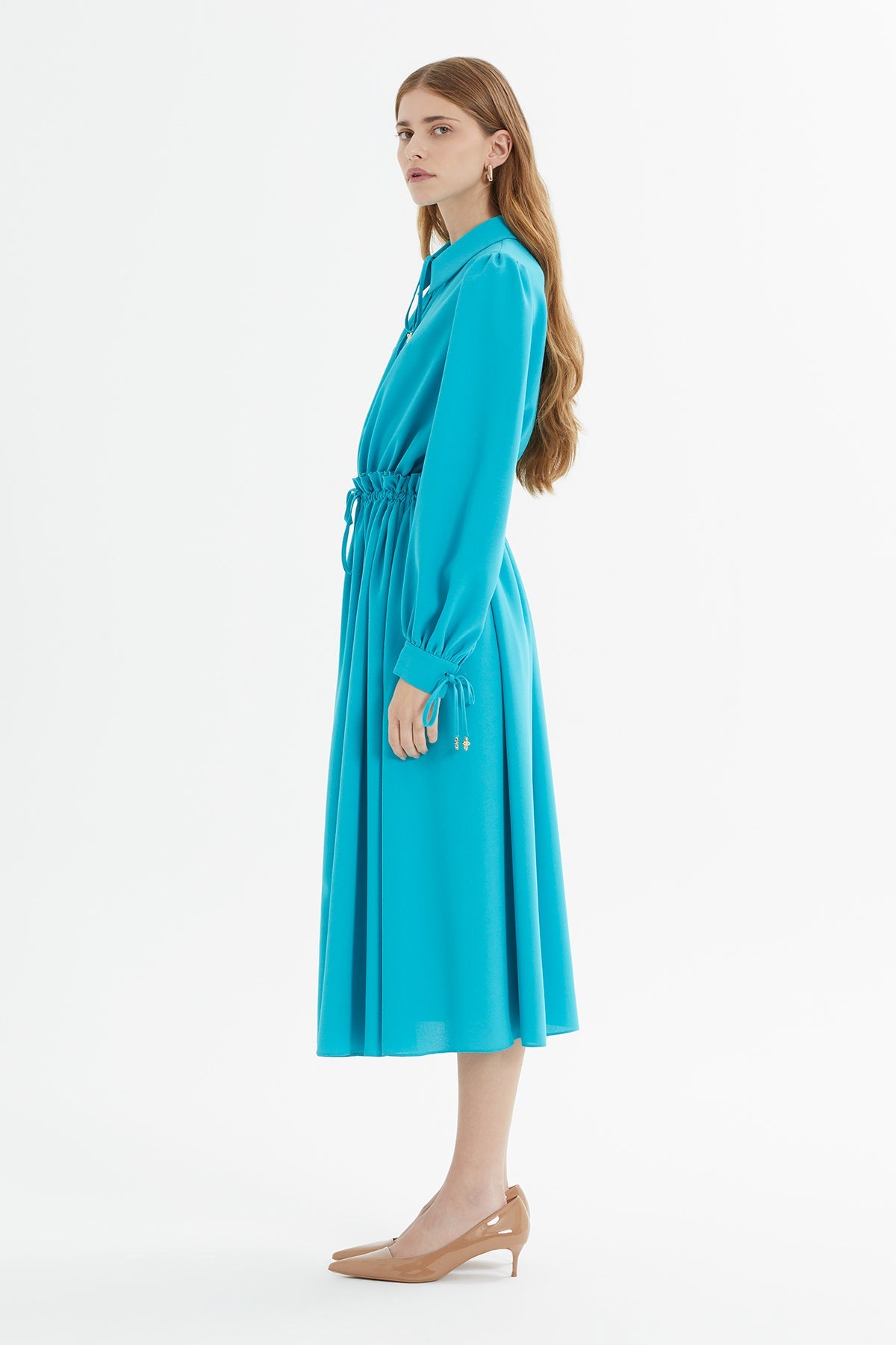 Bleu Midi Dress with Gathered Waist