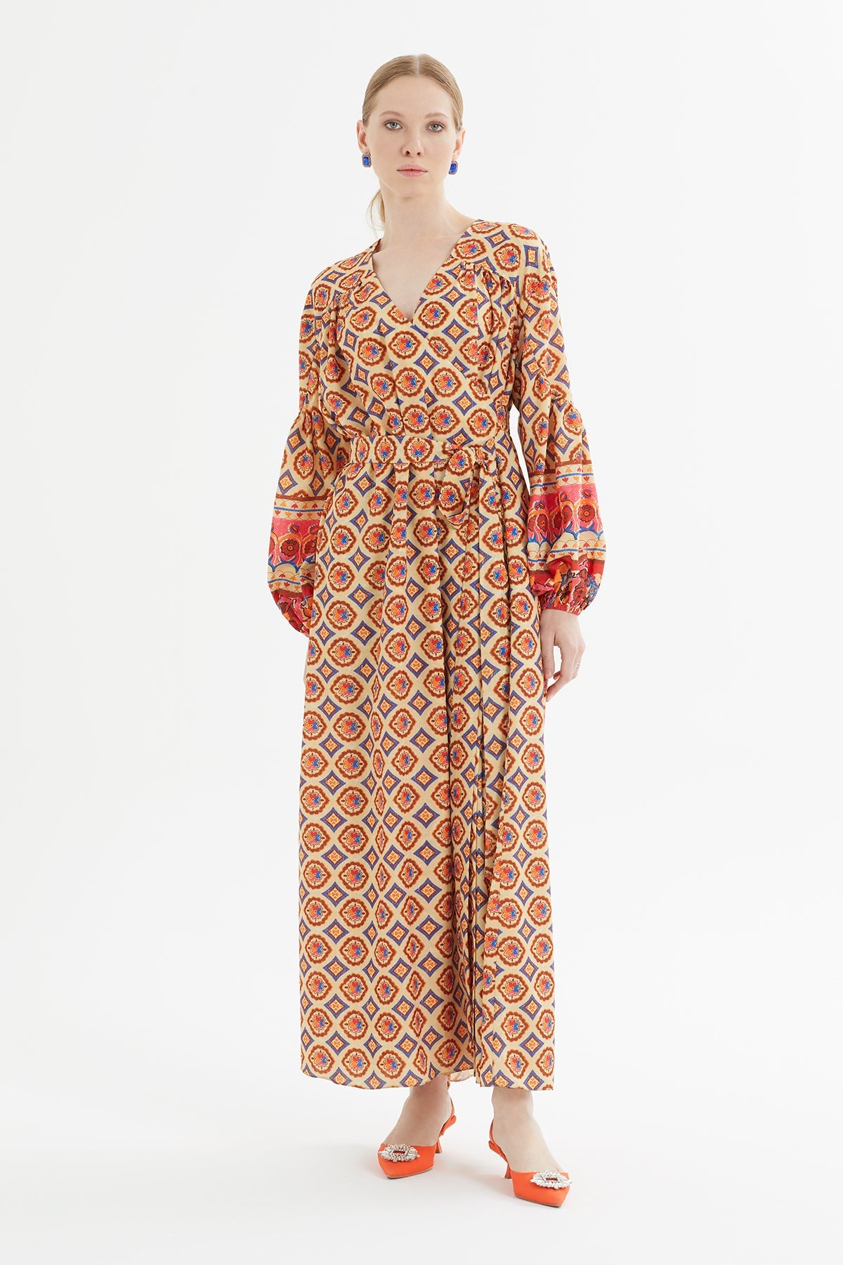 Printed Flared Dress with Belt Detail