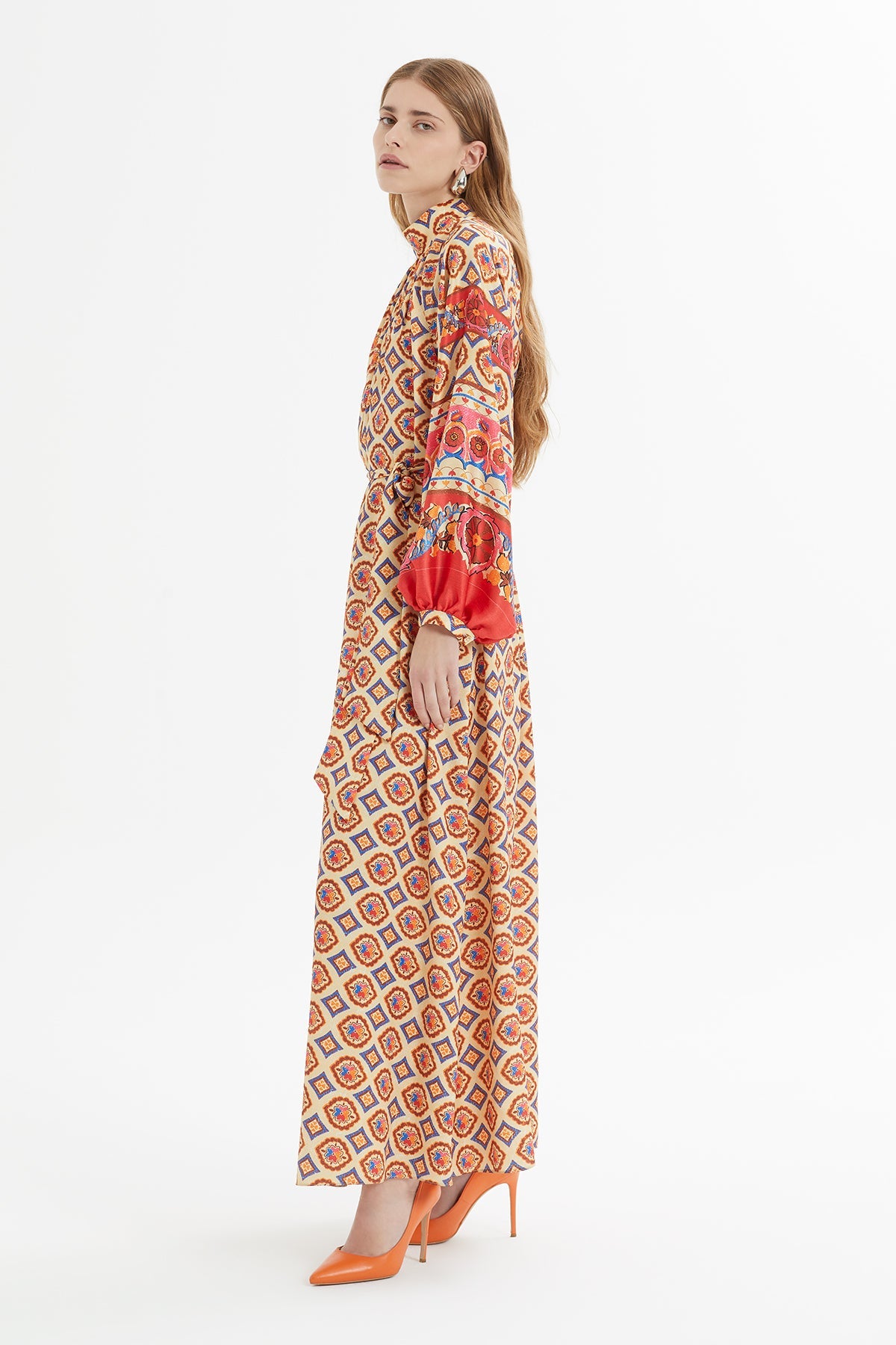 Printed Long Dress with Belt Detail