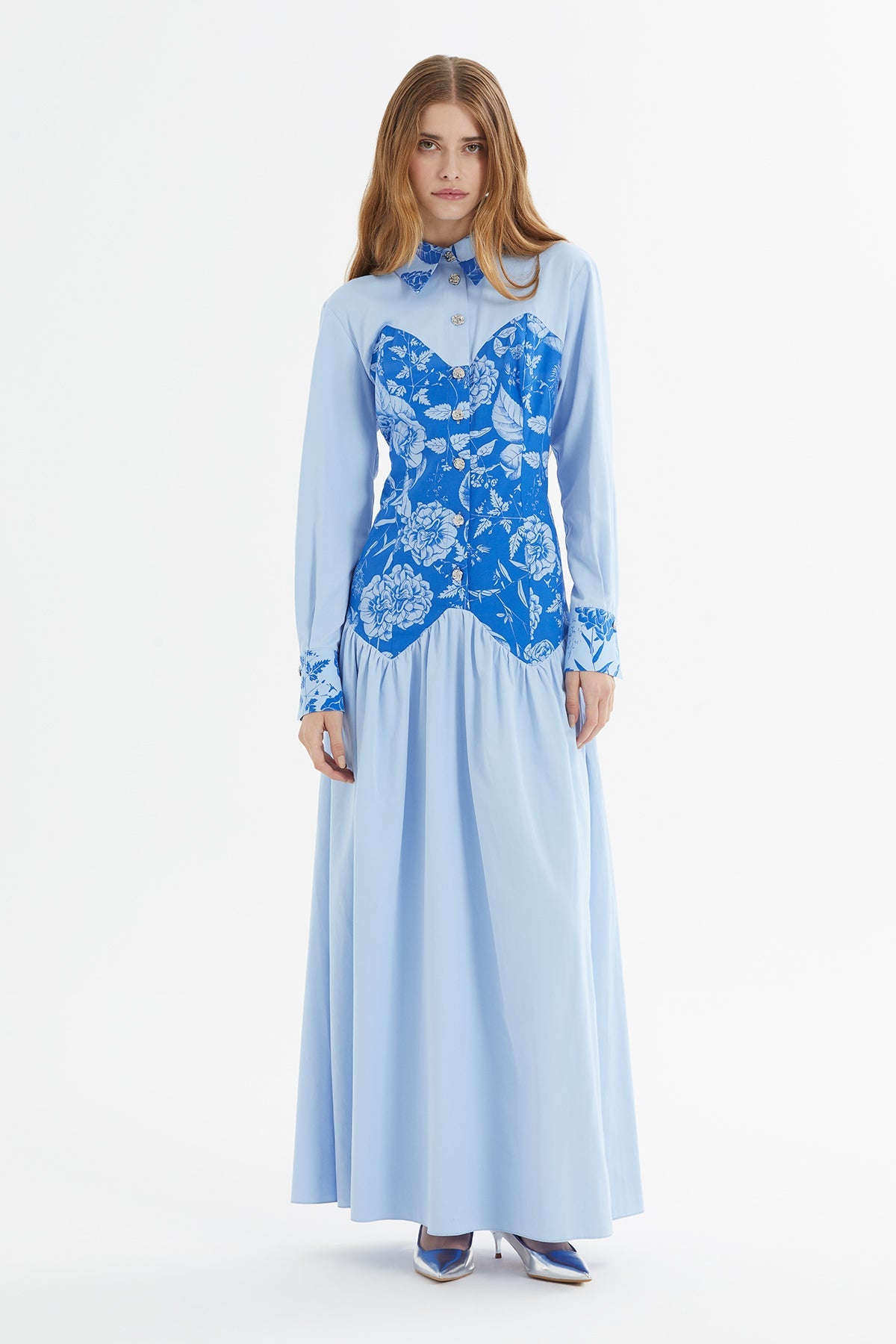 Blue Long Dress with Printed Details