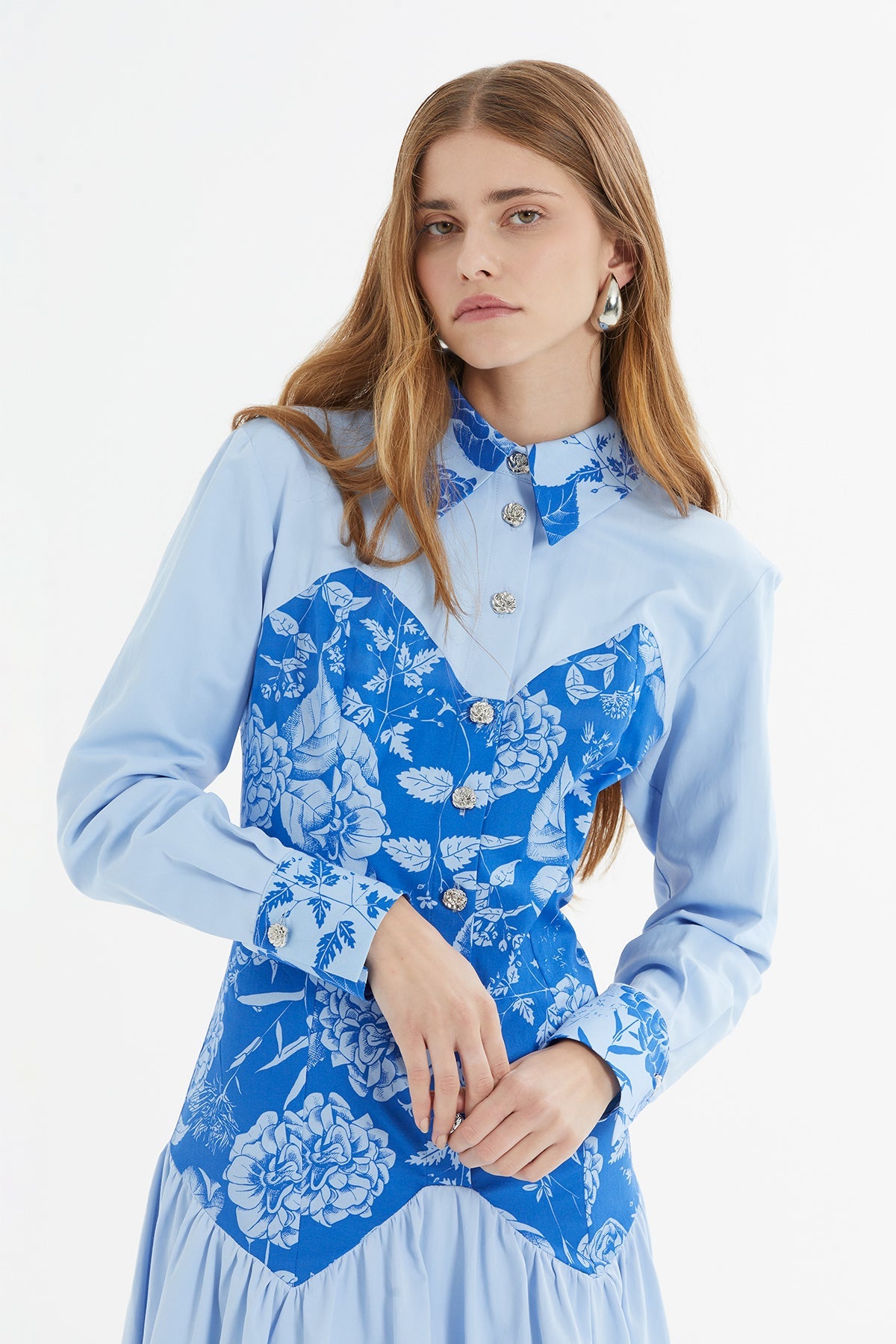 Blue Long Dress with Printed Details