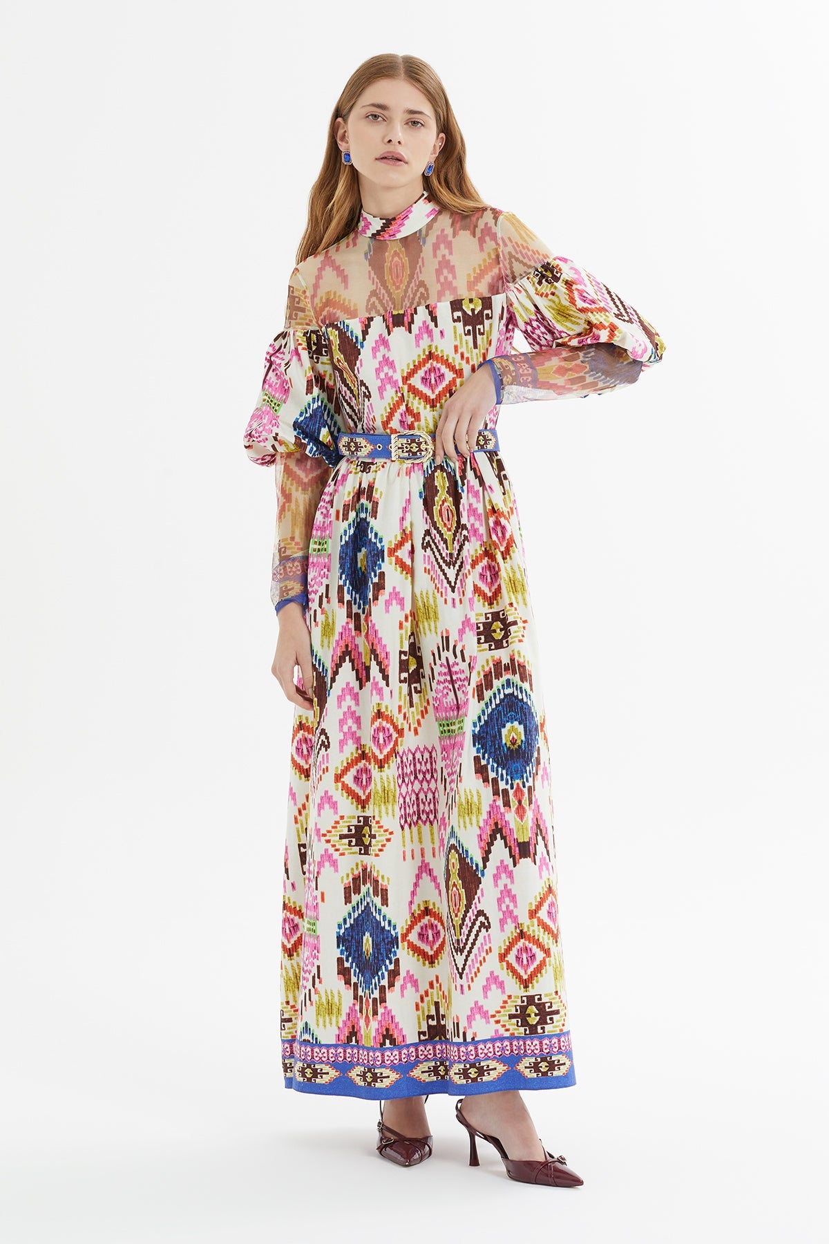 Printed Balloon-Sleeve Long Dress
