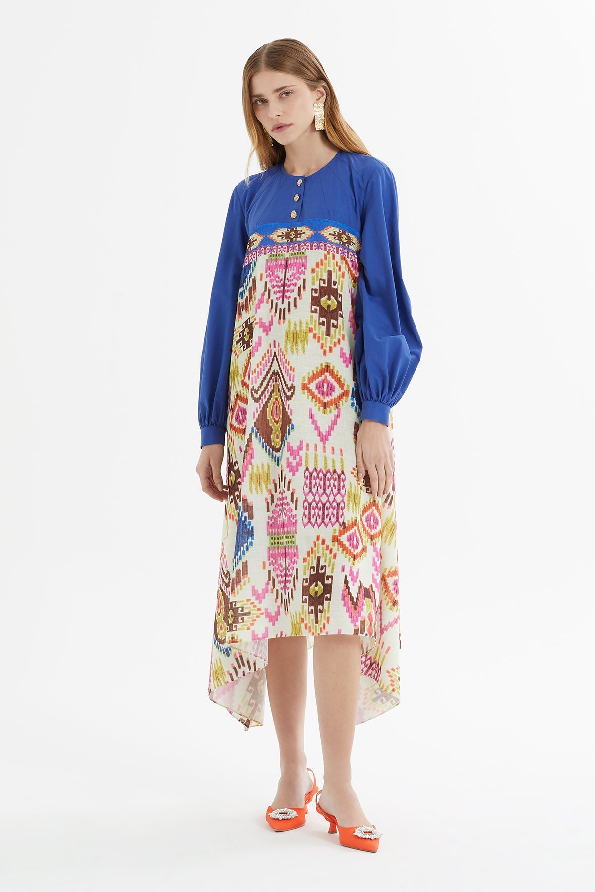Printed Asymmetrical Midi Blue Dress