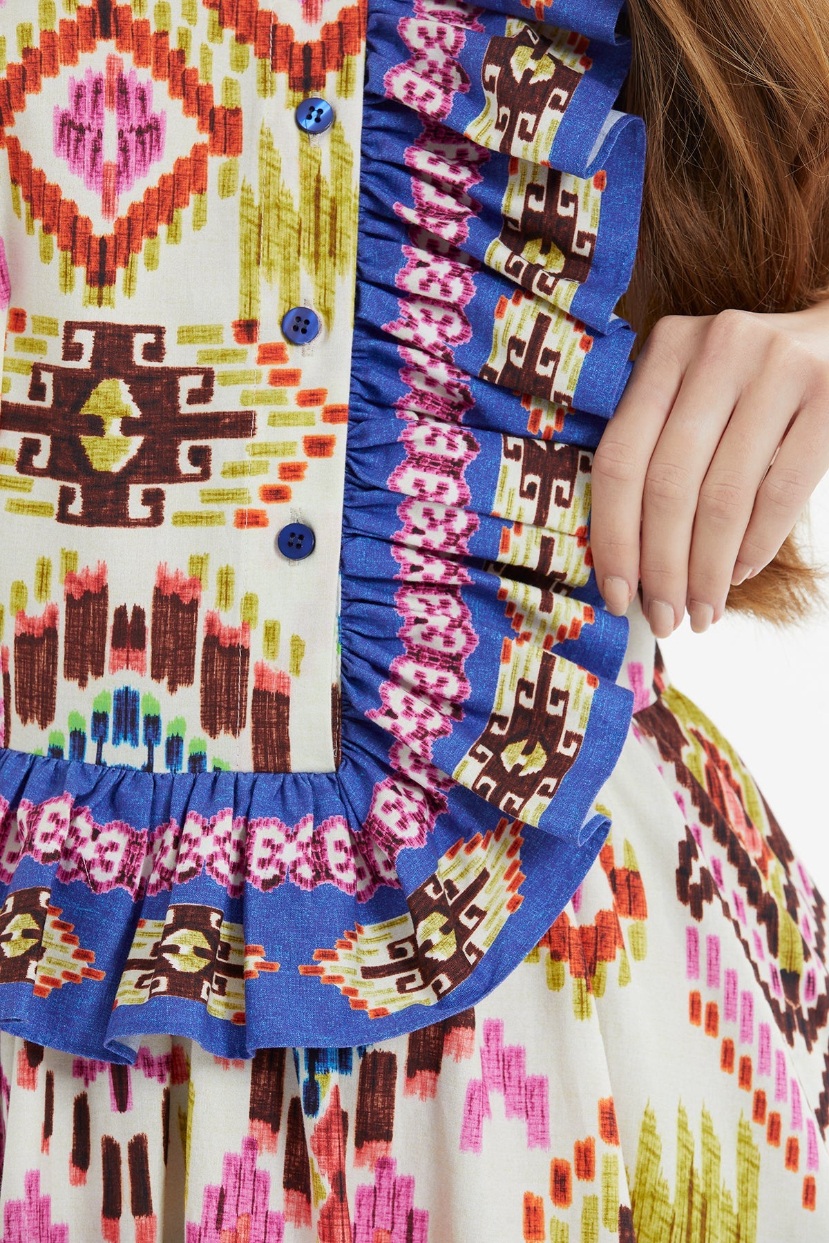 Printed Long Dress with Front Ruffle