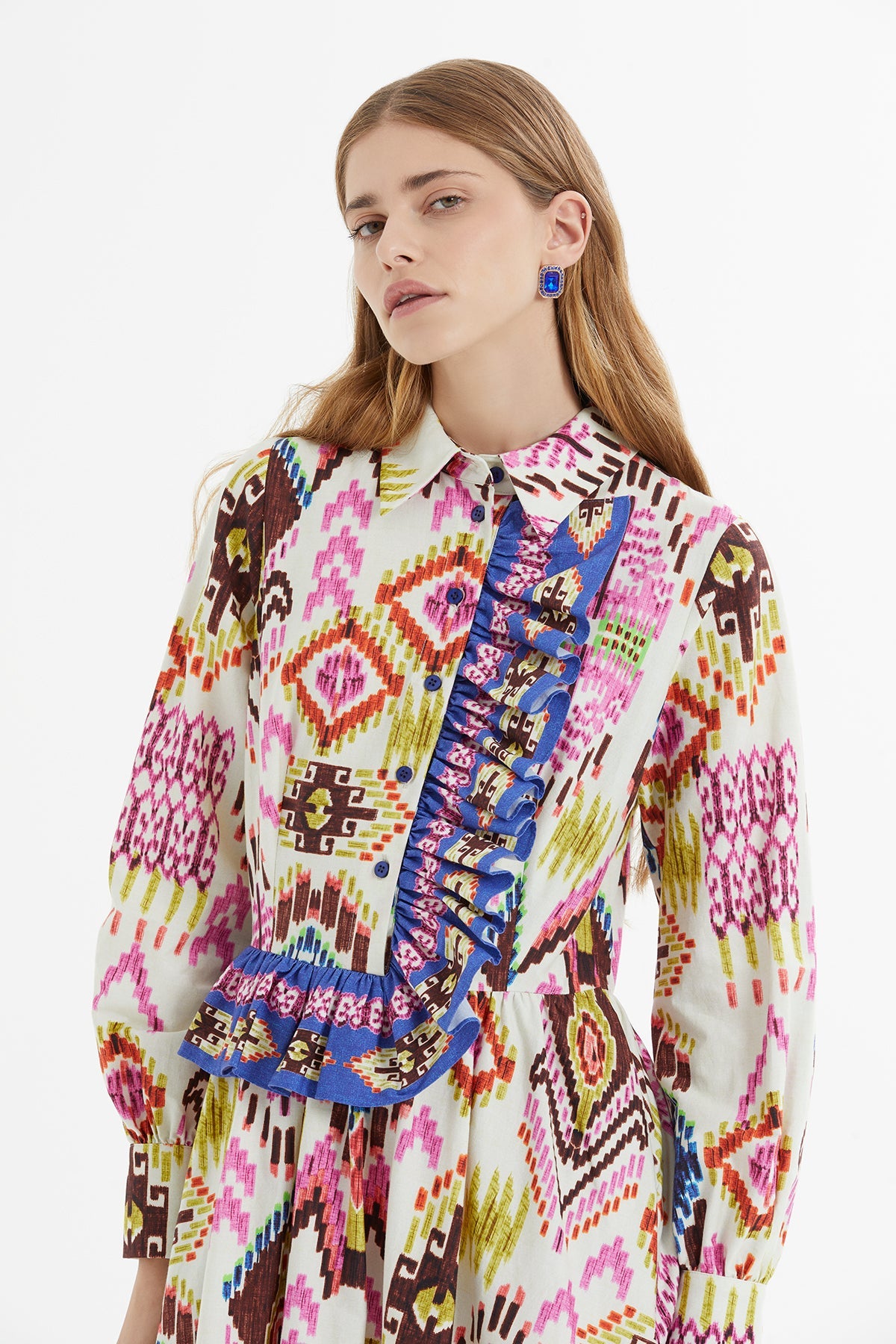 Printed Long Dress with Front Ruffle