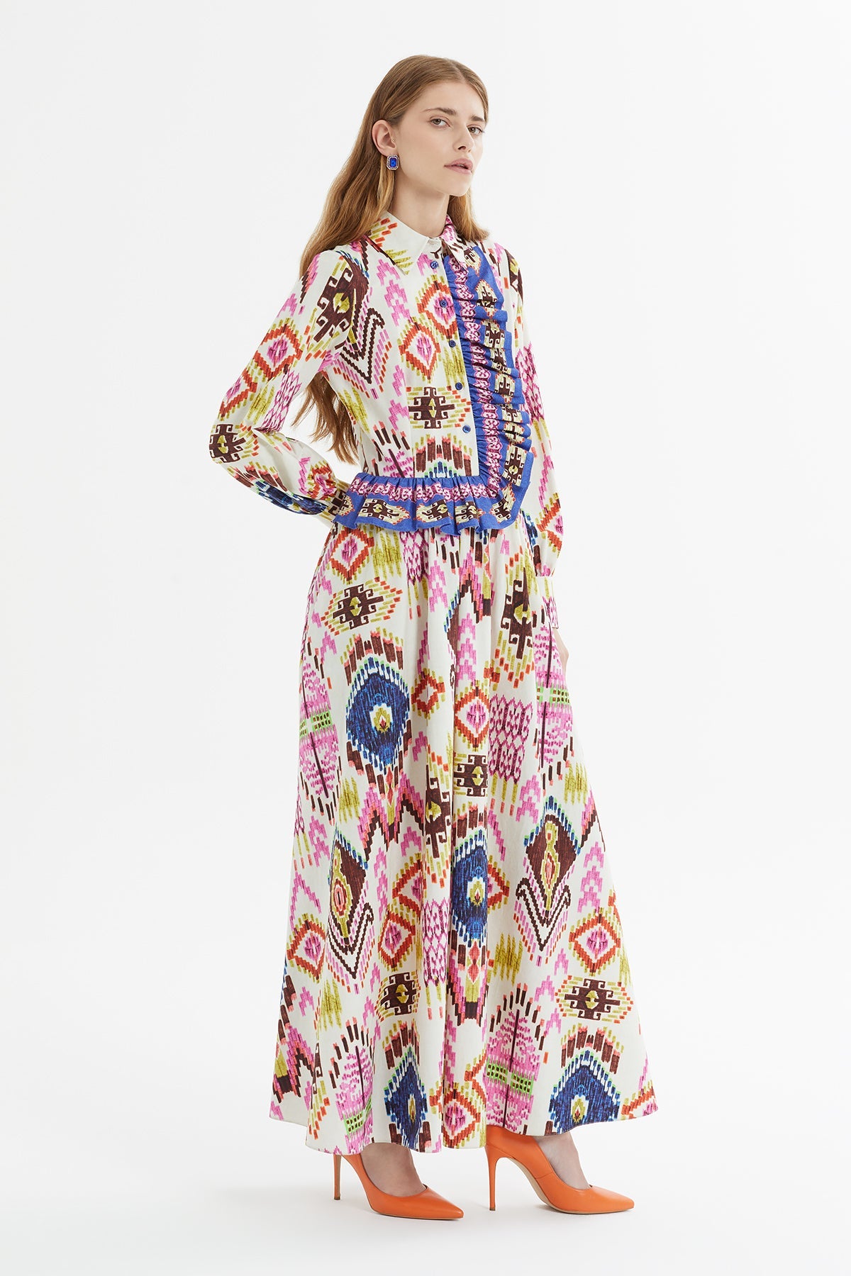 Printed Long Dress with Front Ruffle