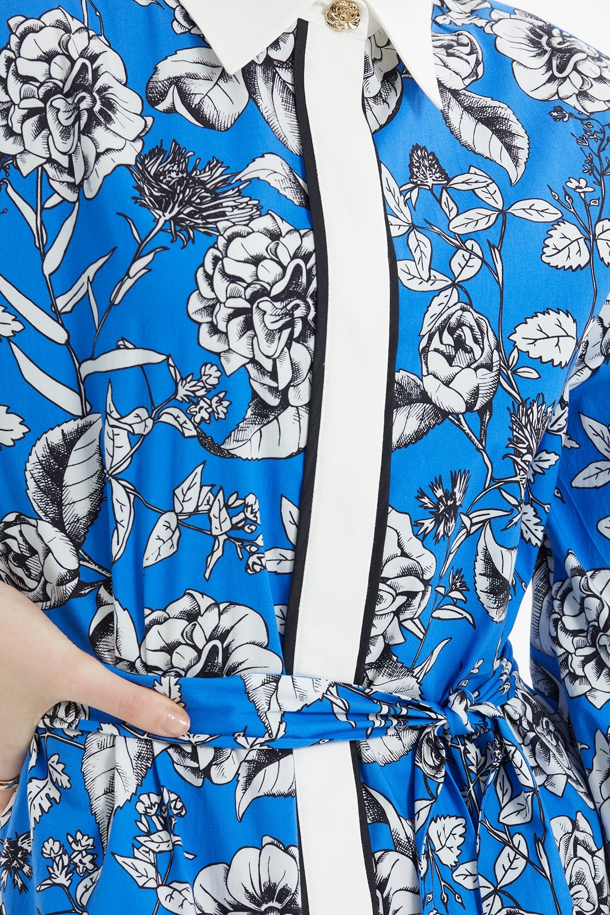 Printed Shirt-Collar Blue Long Dress