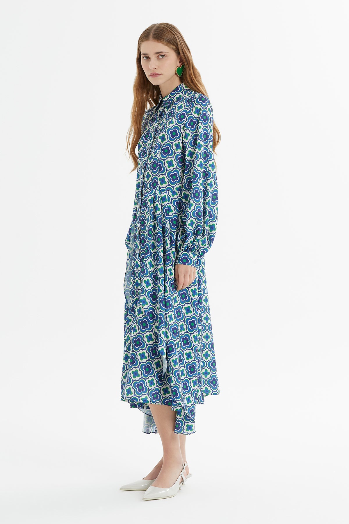 Printed Asymmetrical Buttoned Long Dress