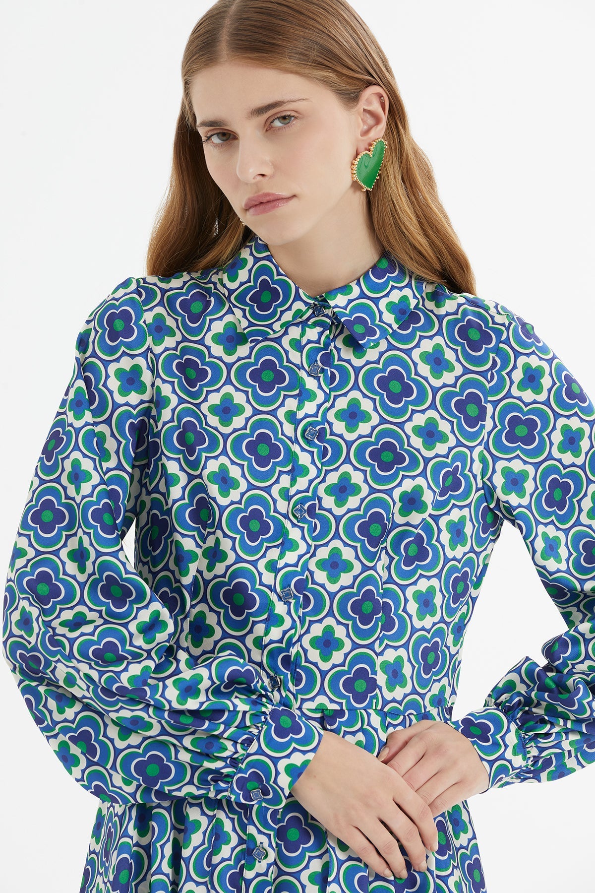 Printed Asymmetrical Buttoned Long Dress