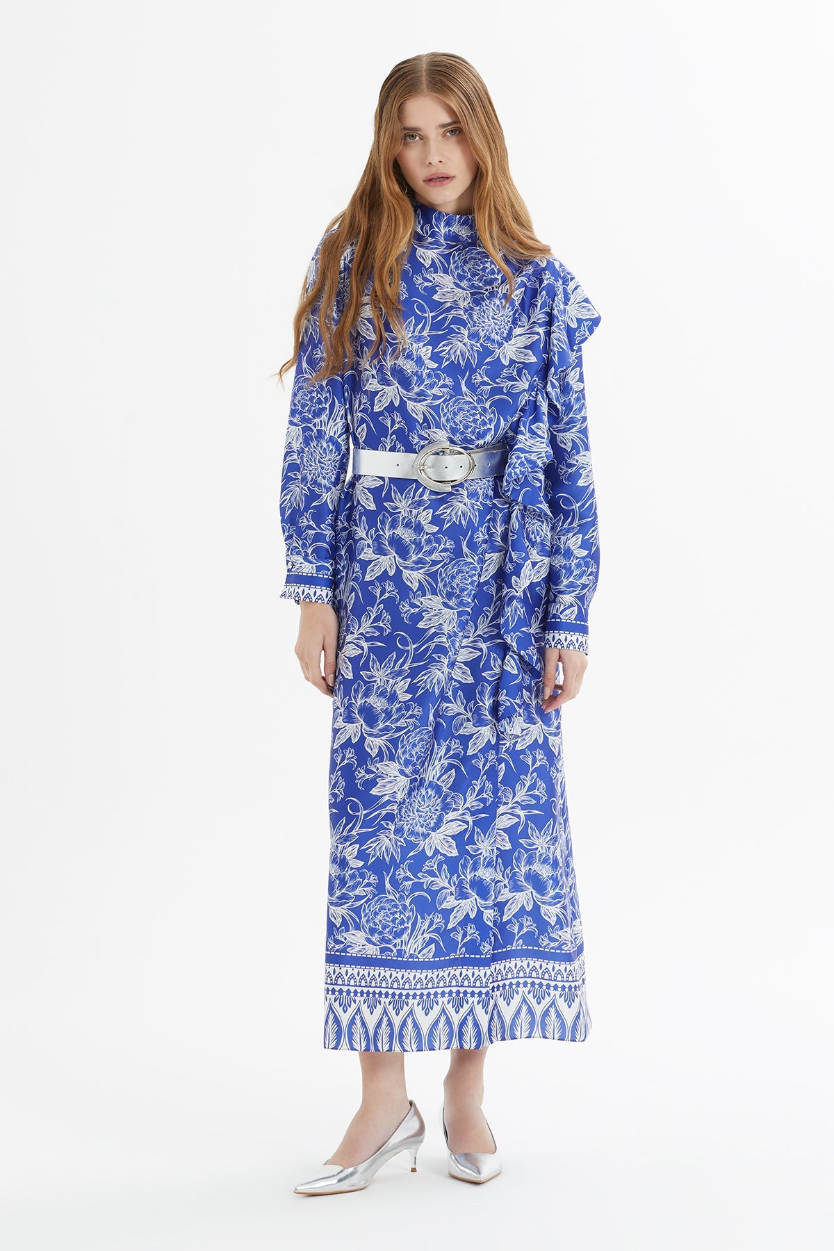 Printed Belted Maxi Dress with Ruffle