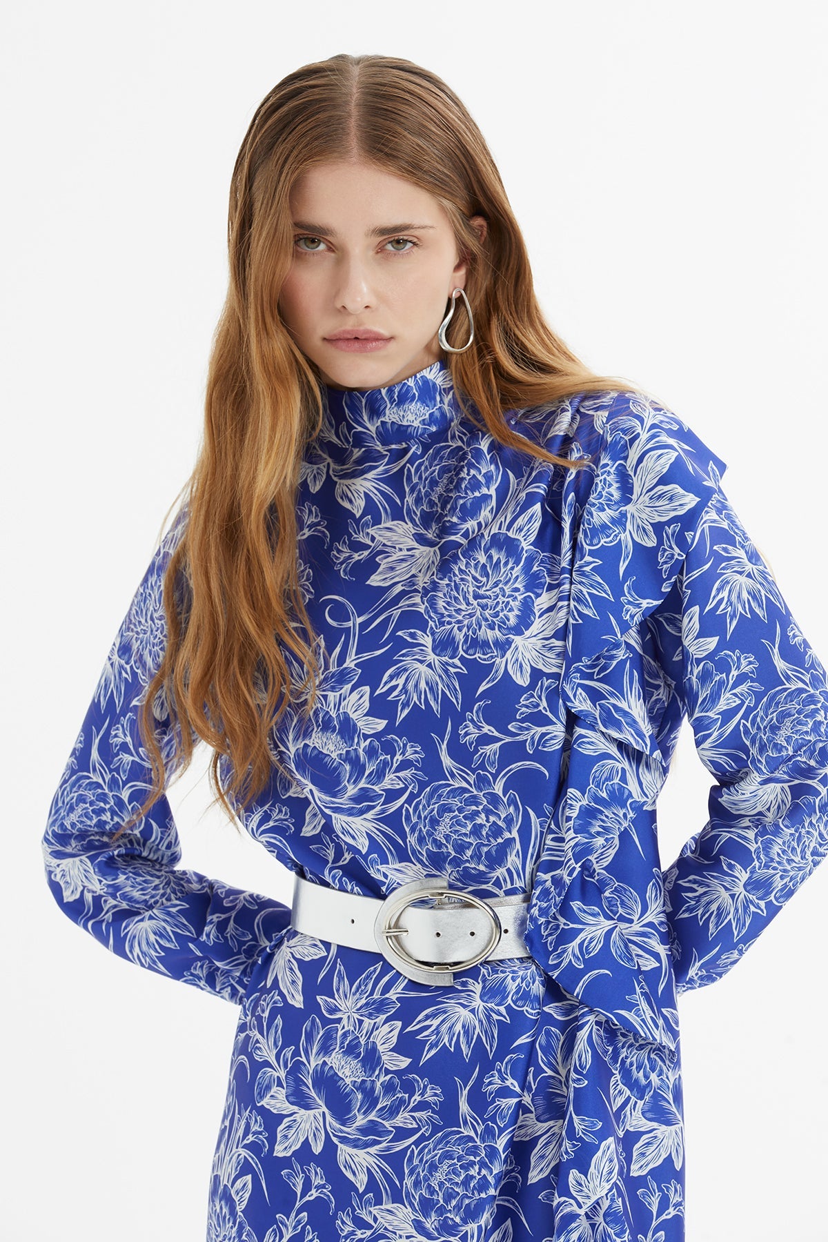 Printed Belted Maxi Dress with Ruffle