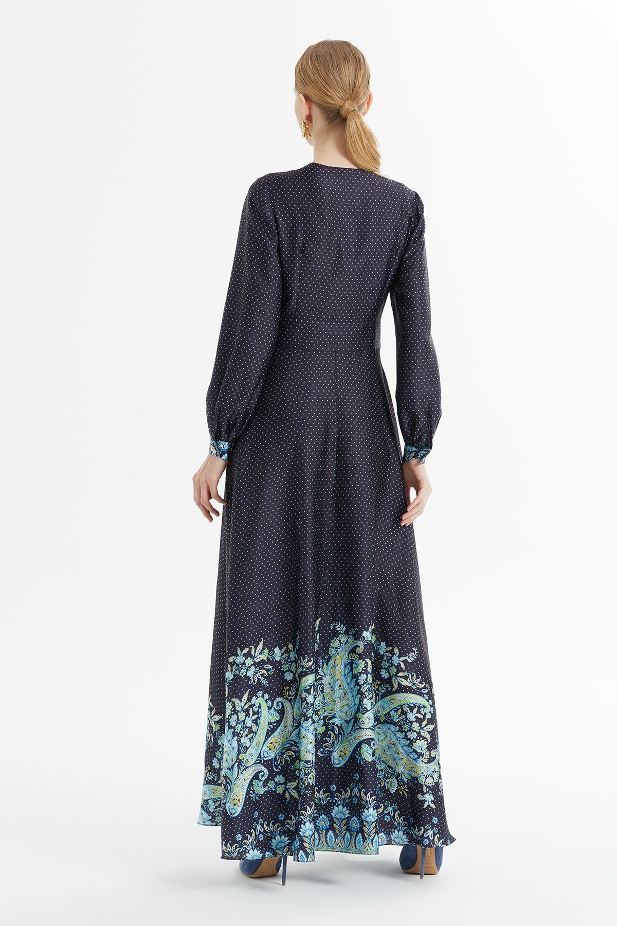 Navy Polka-Dot Long Belted Dress