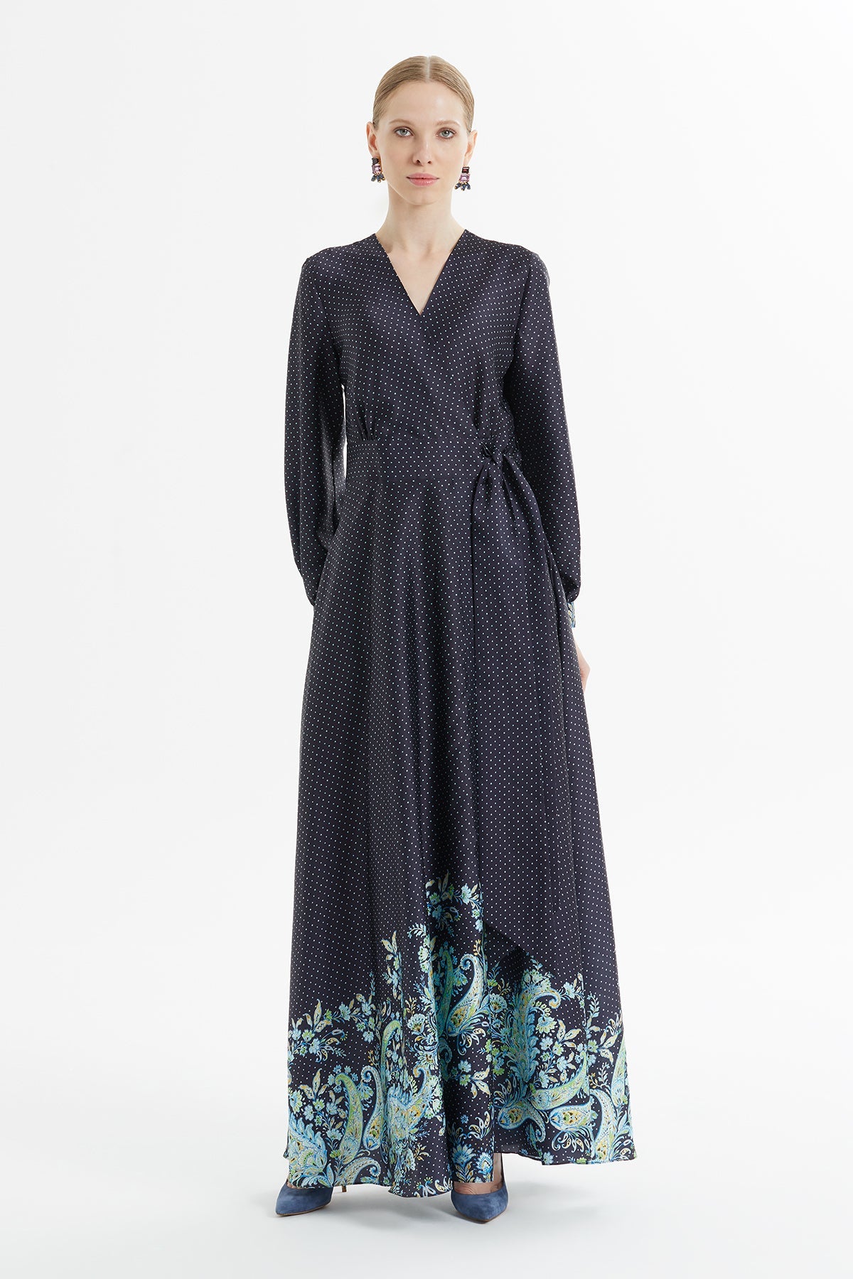 Navy Polka-Dot Long Belted Dress