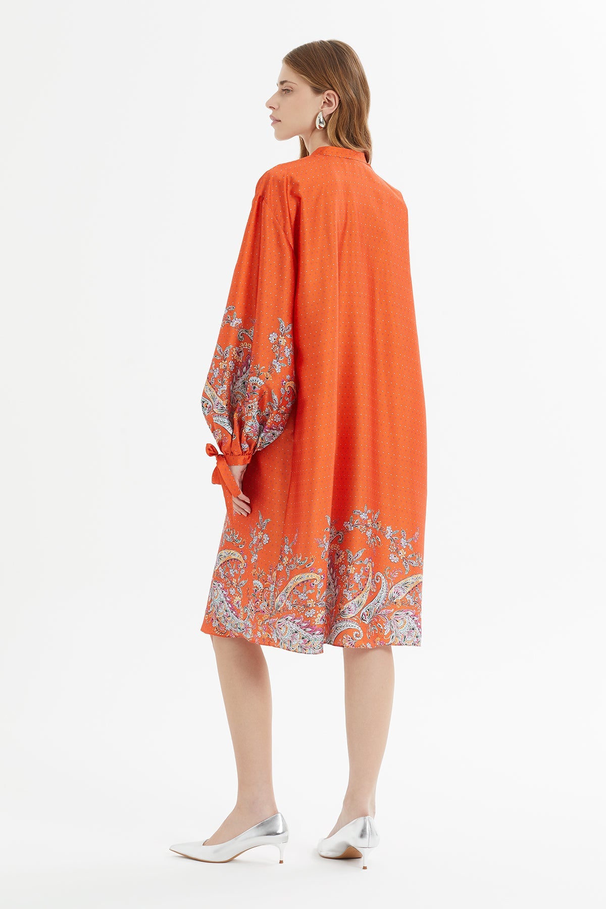 Orange Midi Dress with Floral Pattern