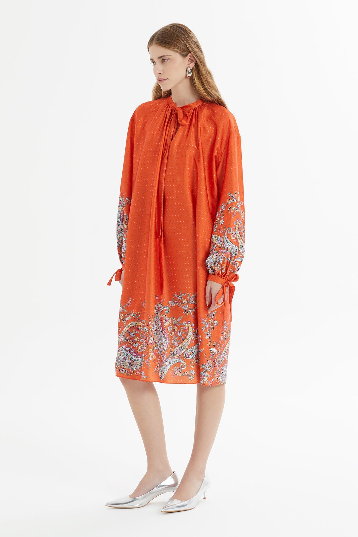 Orange Midi Dress with Floral Pattern
