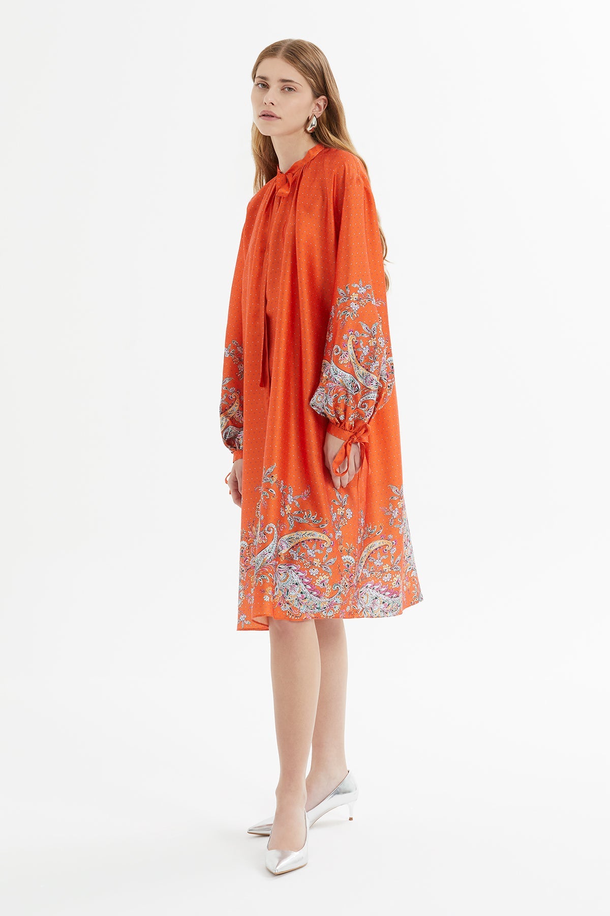 Orange Midi Dress with Floral Pattern
