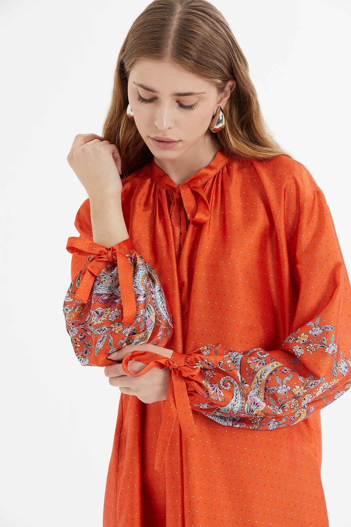Orange Midi Dress with Floral Pattern
