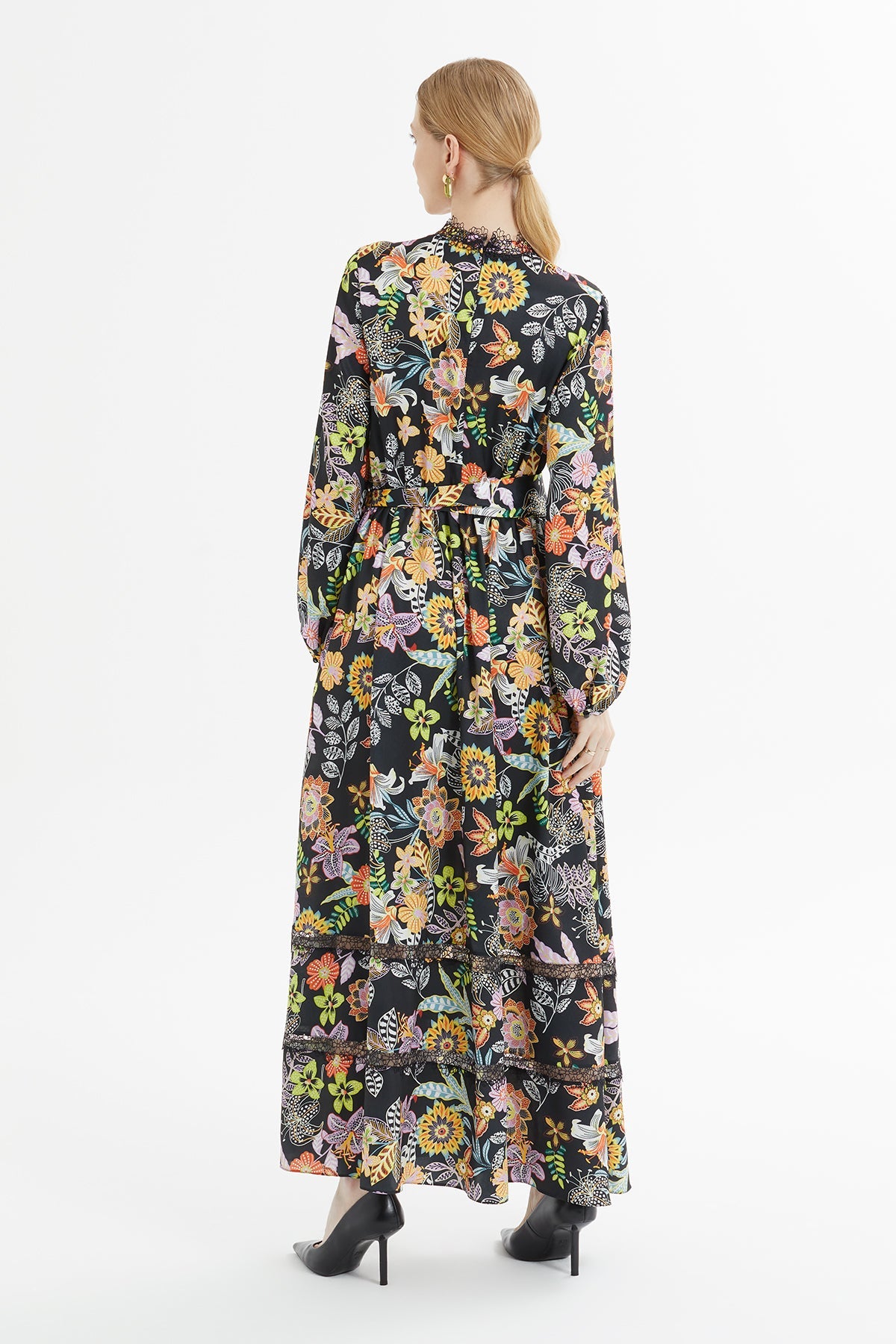 Printed Long Dress with Gathered Waist