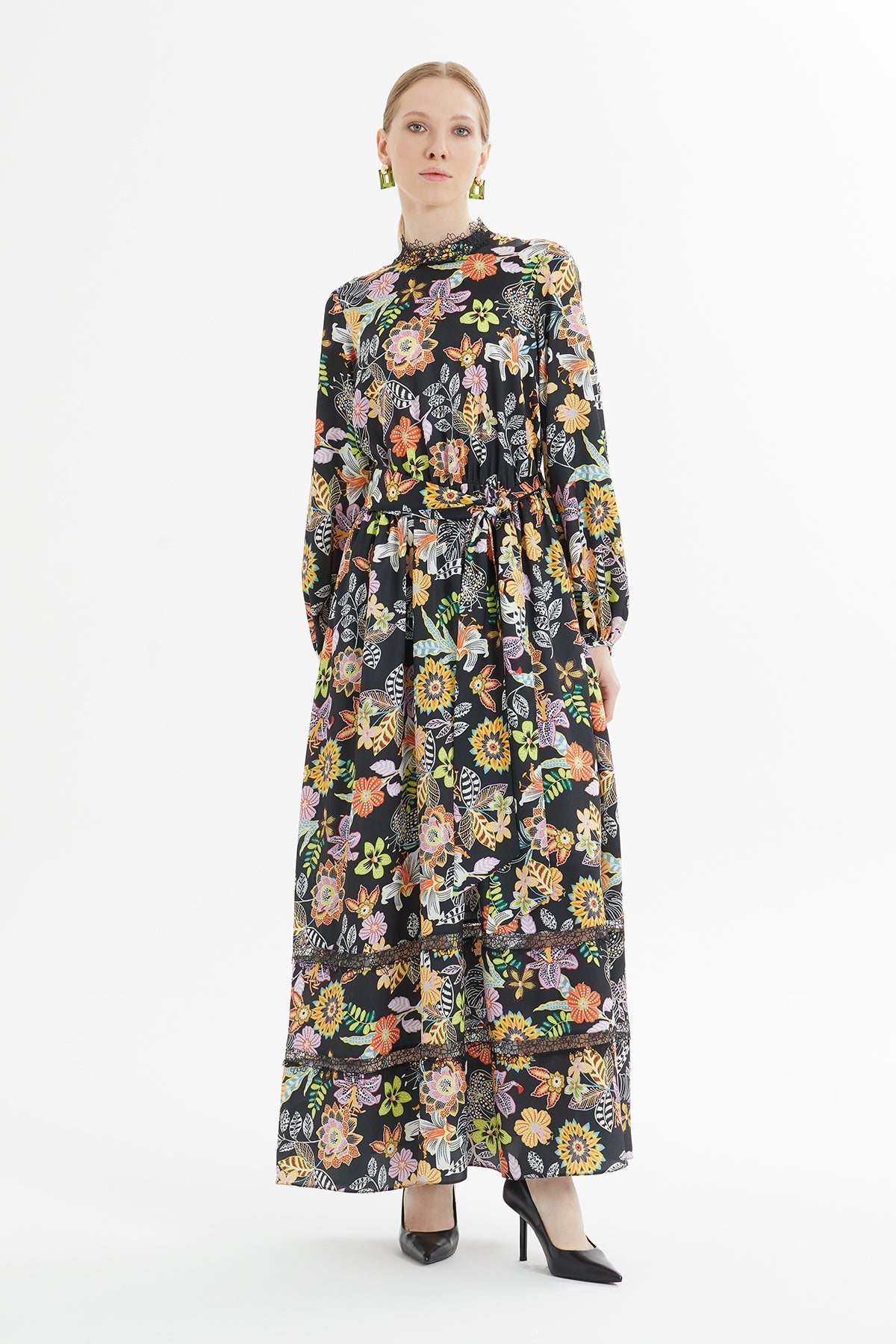 Printed Long Dress with Gathered Waist