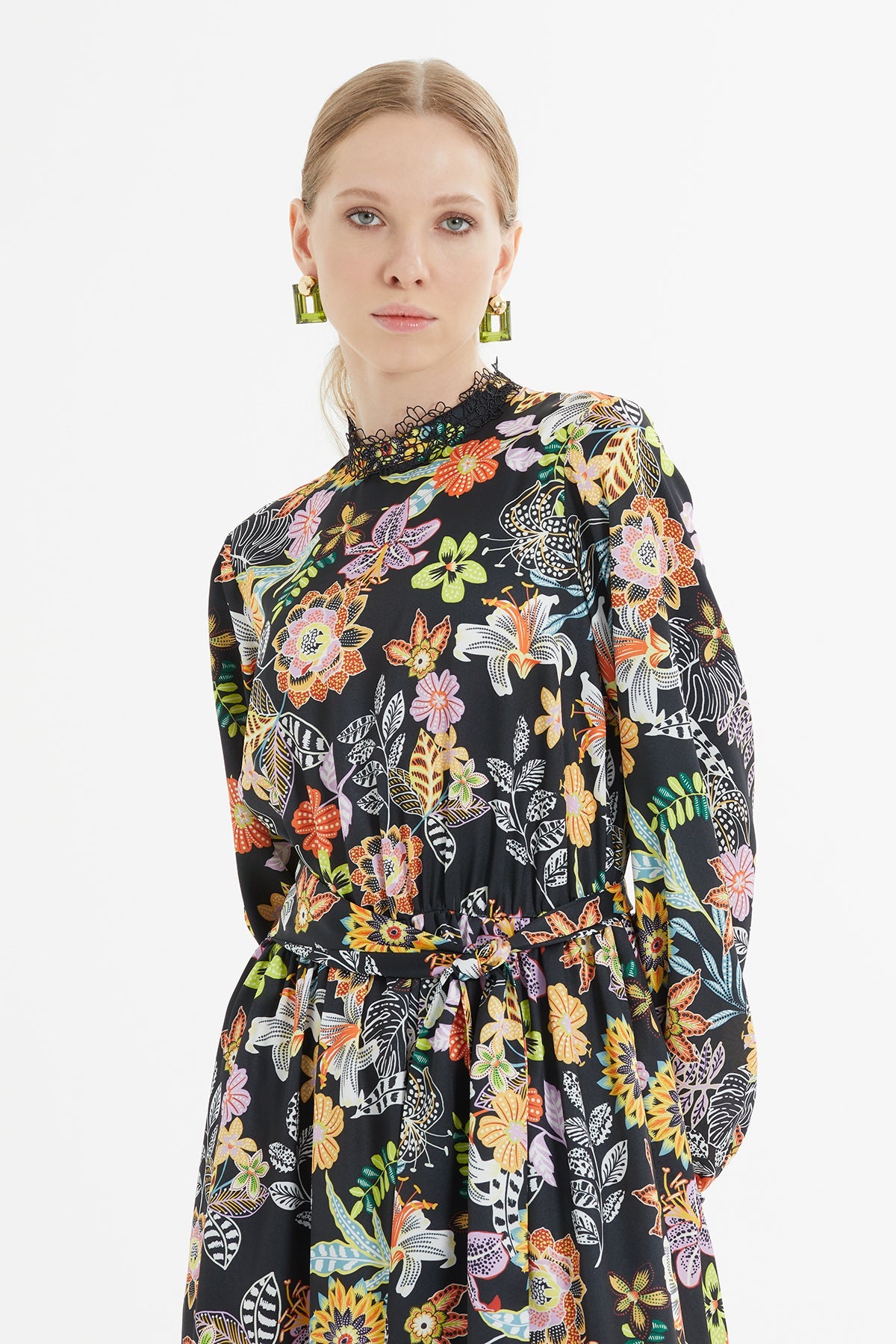 Printed Long Dress with Gathered Waist