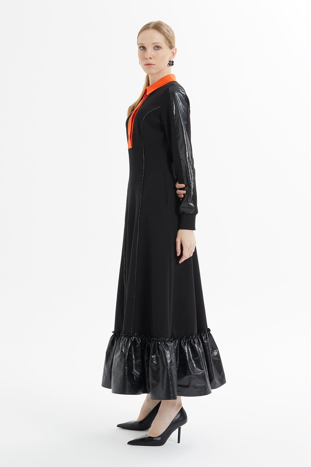 Black Maxi Dress with Orange Collar