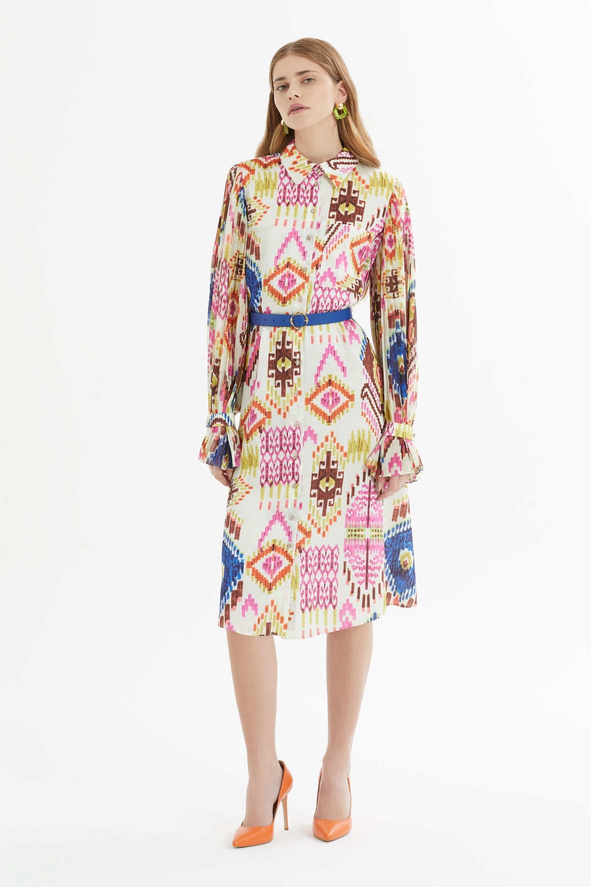 Printed Belted Midi Shirt Dress