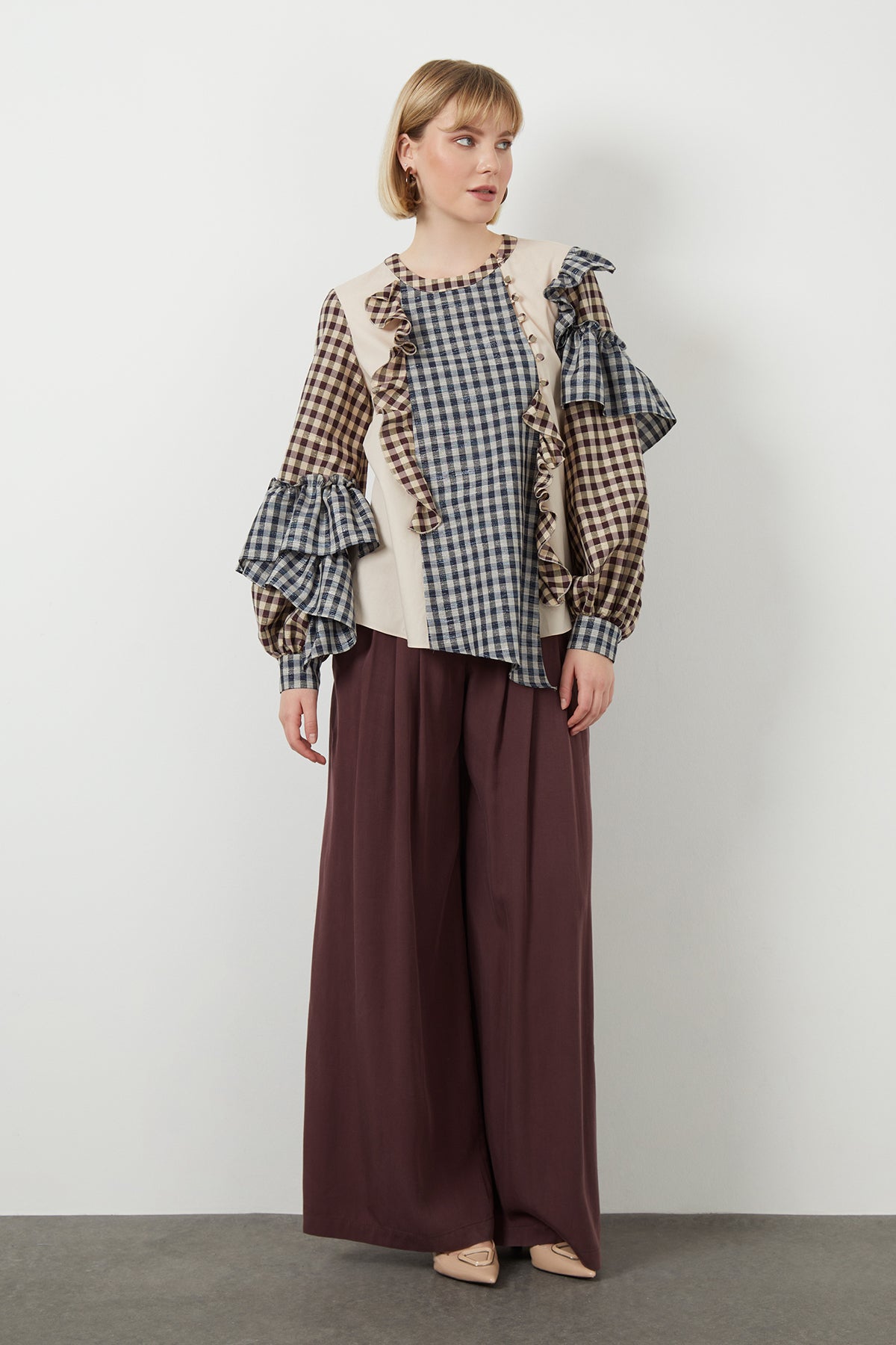 Beige Ruffled Checkered Asymmetric Blouse