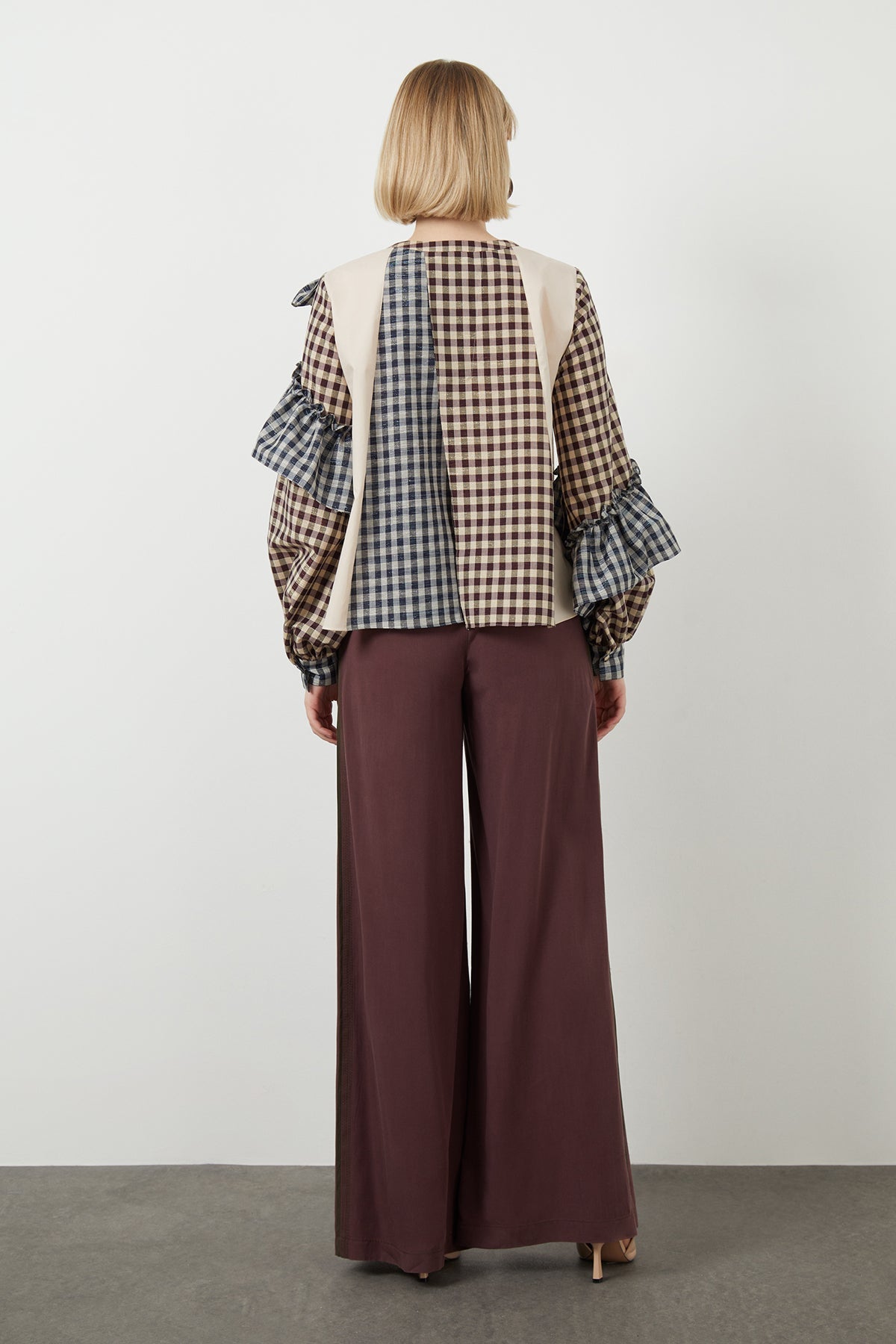 Beige Ruffled Checkered Asymmetric Blouse