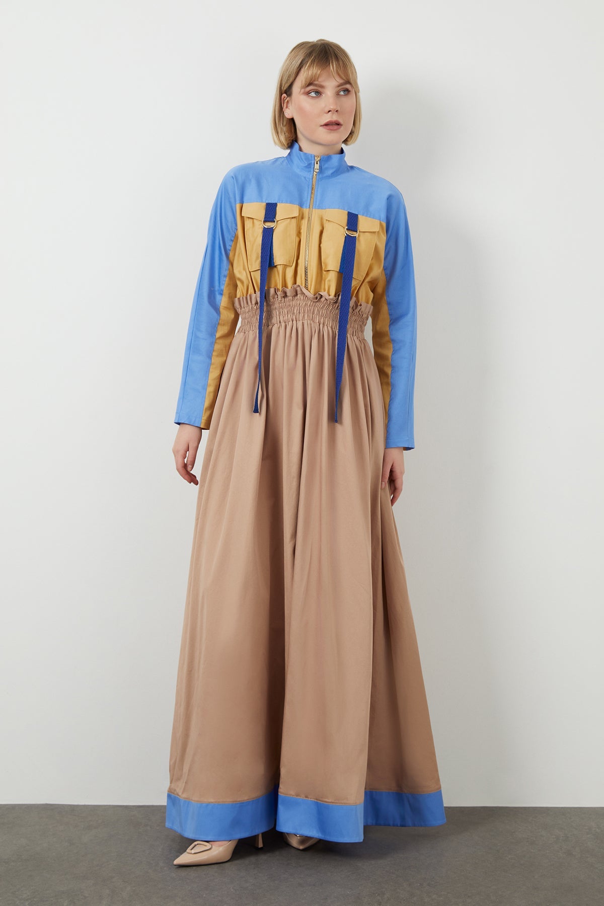 color block maxi dress Woven Summer Large / Seafoam 5 of stretching at bust Lolita Color Block Maxi Dress