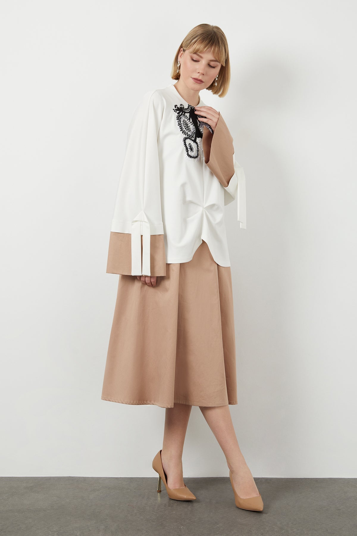 Beige Embroidered Midi Dress