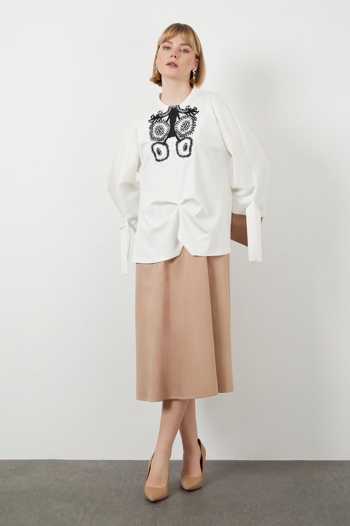 Beige Embroidered Midi Dress