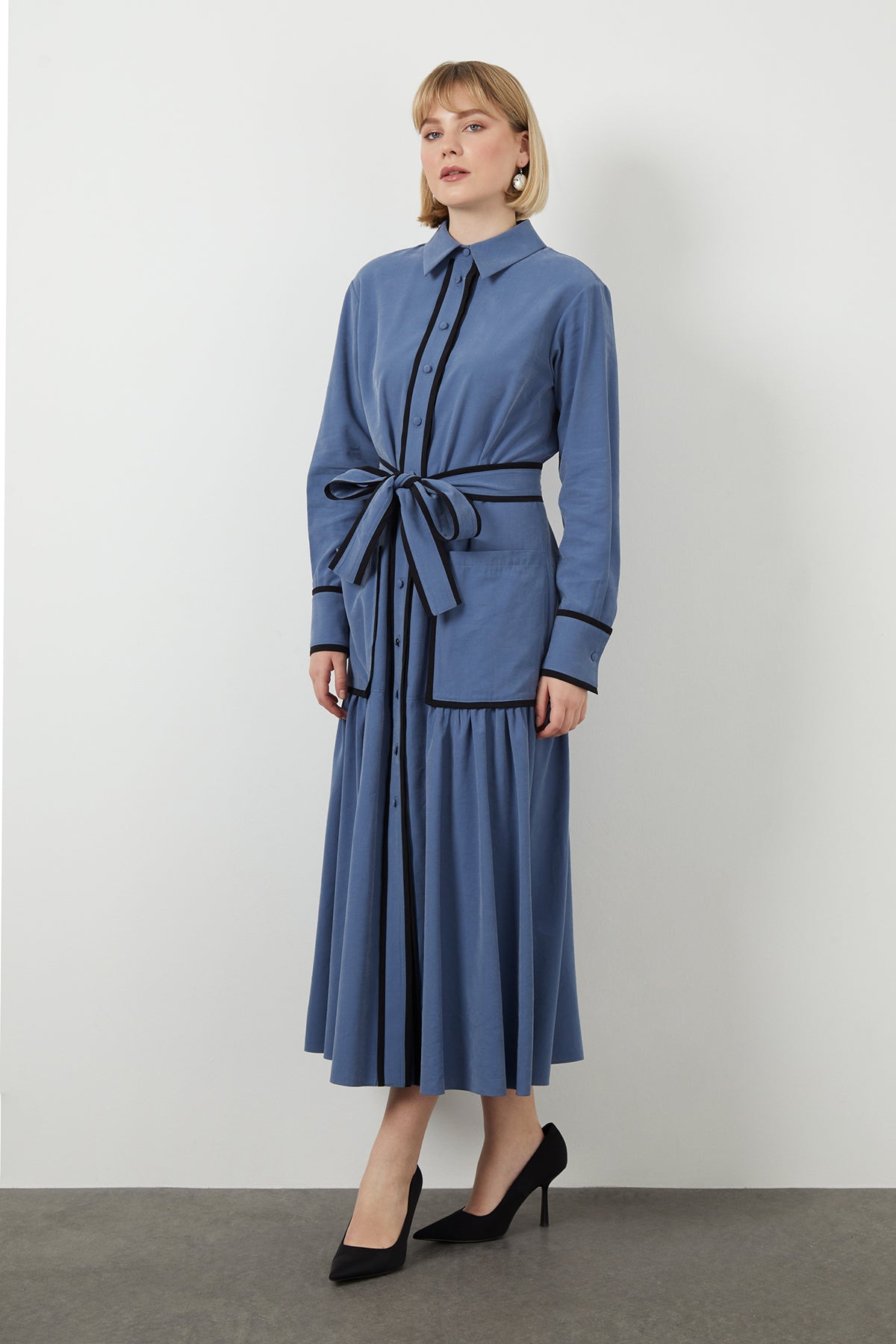 Blue Sash-Detail Pocketed Midi Dress