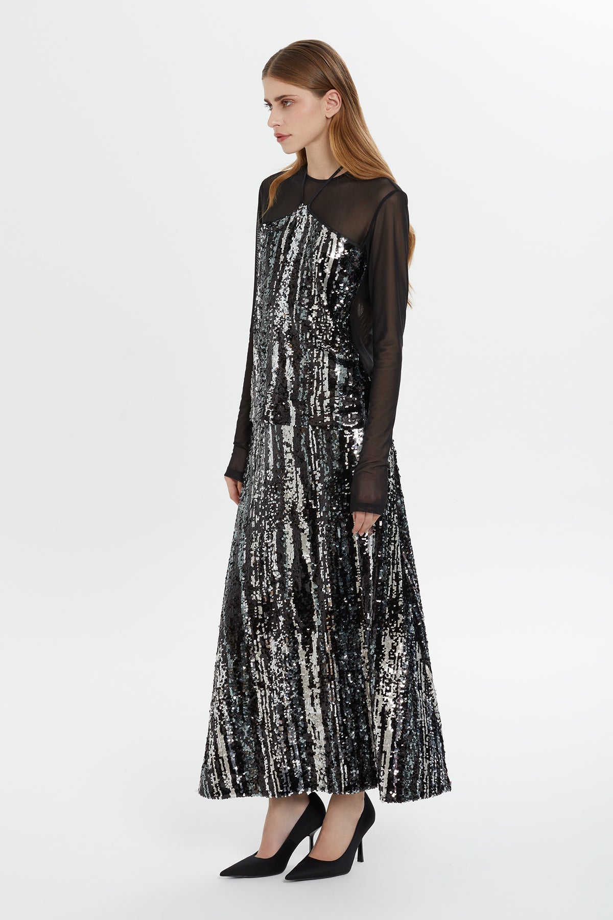 Black Tulle Detail Shimmer Sequin Blouse