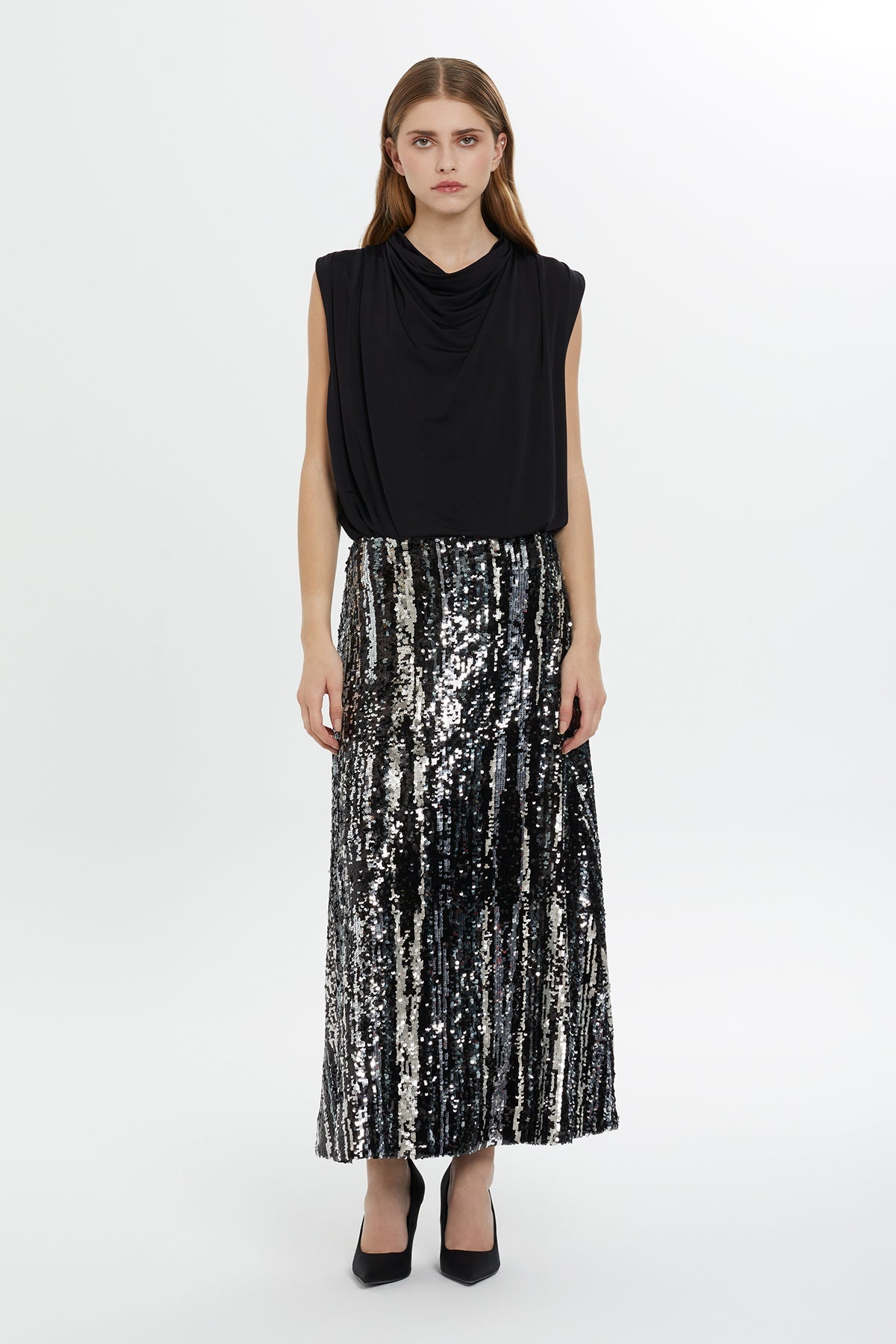 Shiny Sequin Striped Midi Skirt