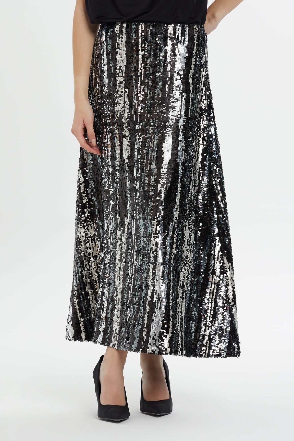 Shiny Sequin Striped Midi Skirt