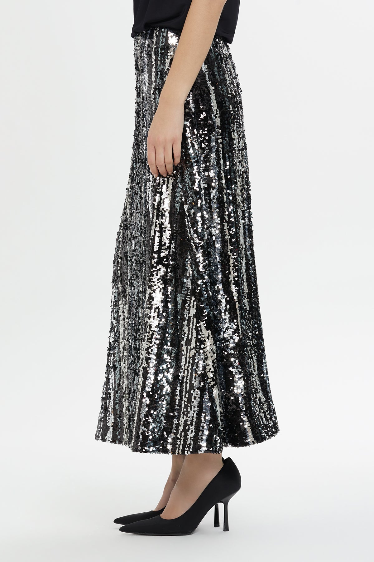 Shiny Sequin Striped Midi Skirt