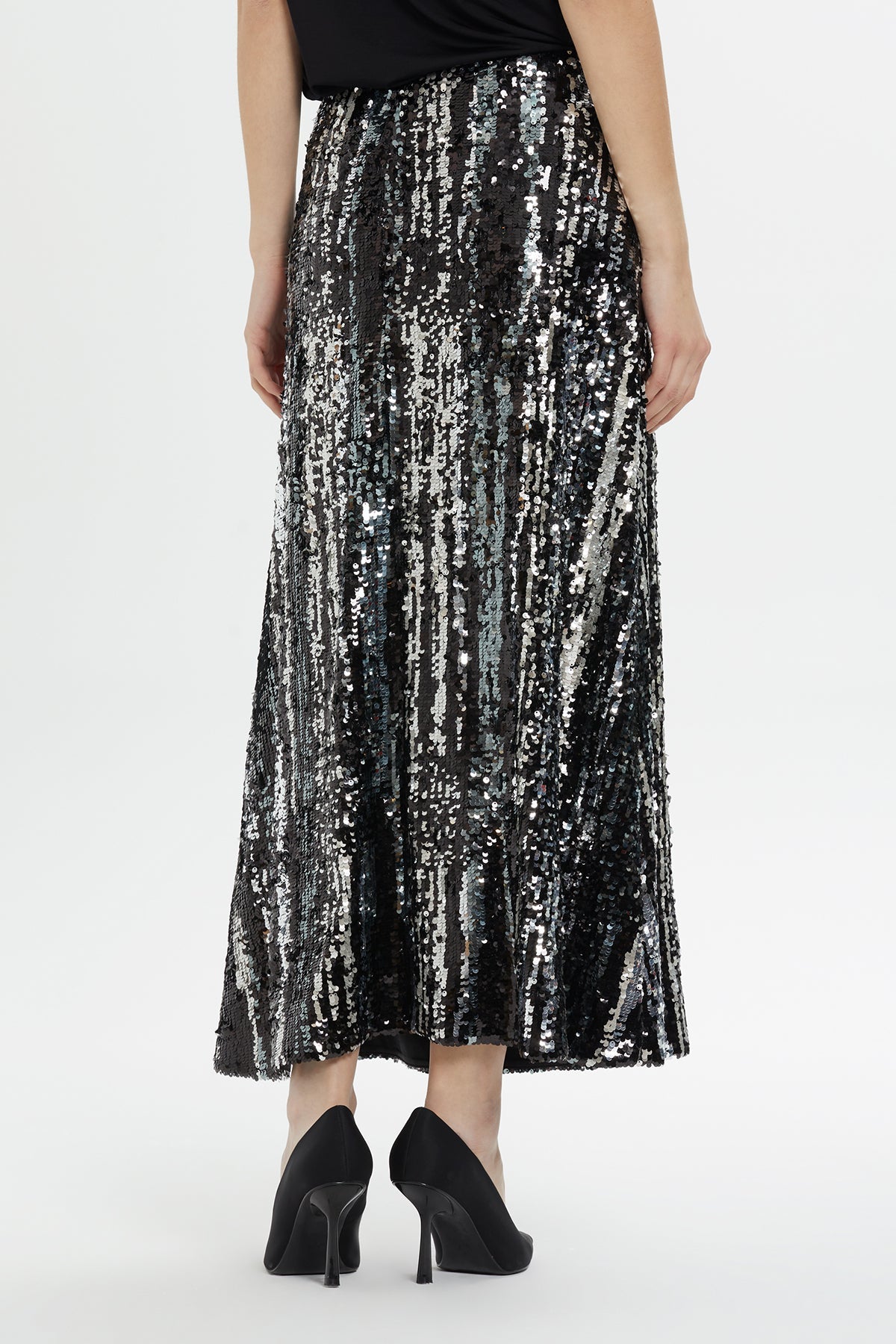 Shiny Sequin Striped Midi Skirt