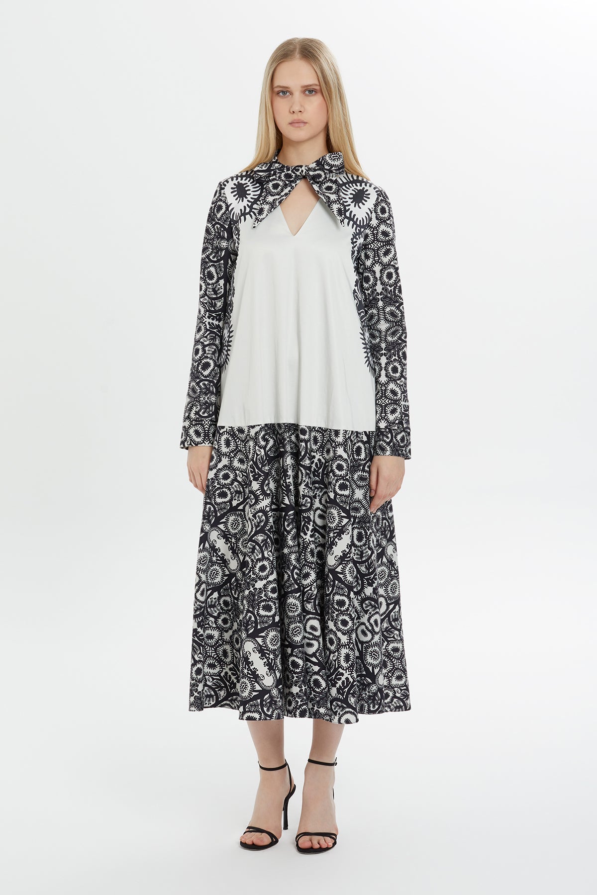 Beige Patterned Midi Dress