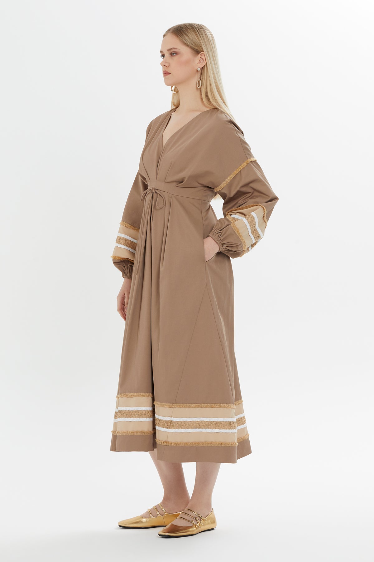 Brown Gathered-Sleeve Midi Dress