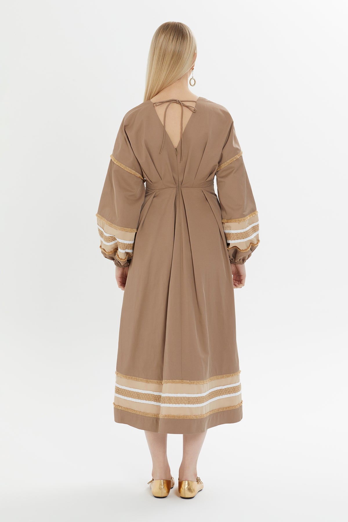 Brown Gathered-Sleeve Midi Dress