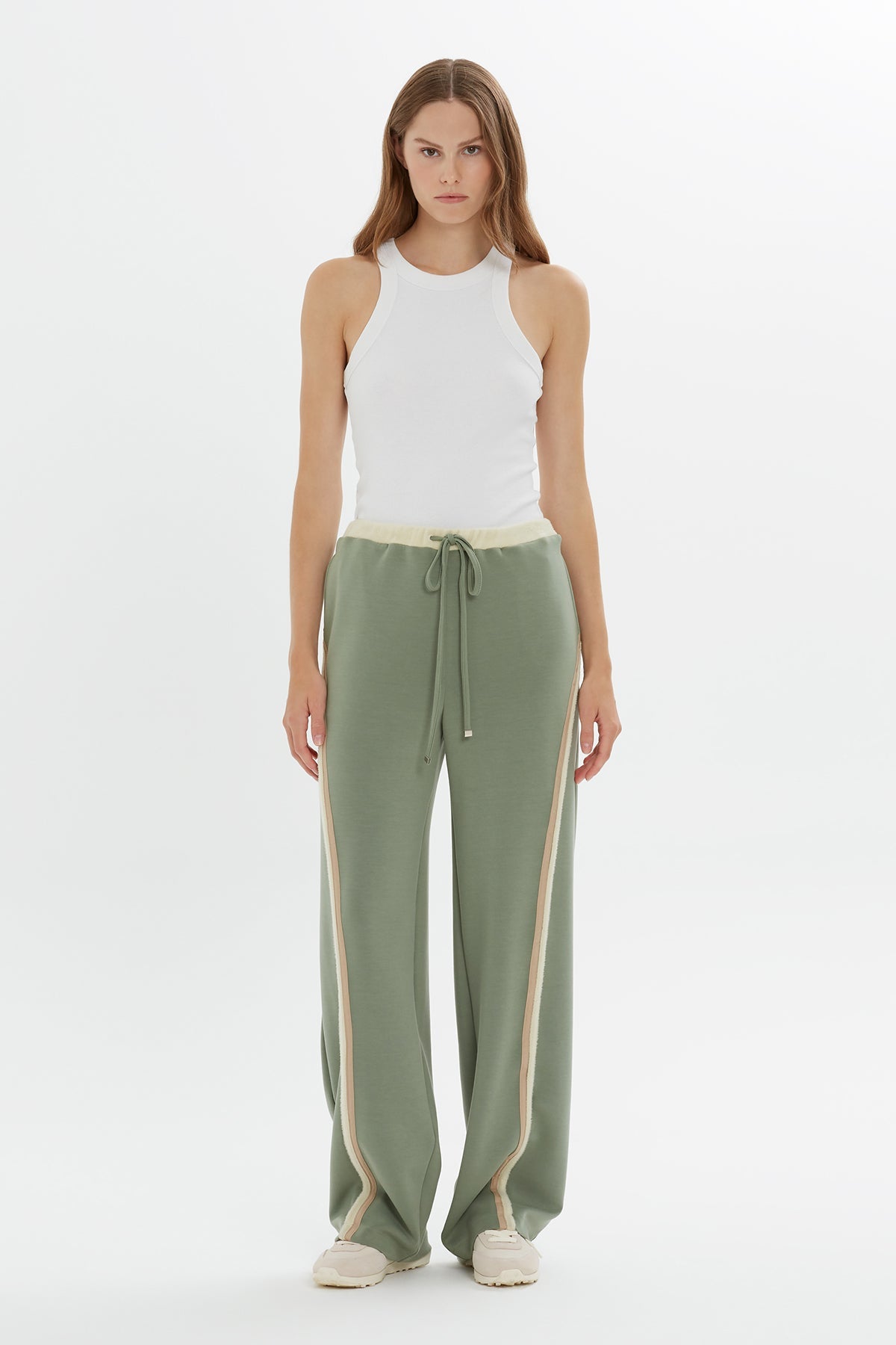 Green Stripe-Detail Wide-Leg Sweatpants