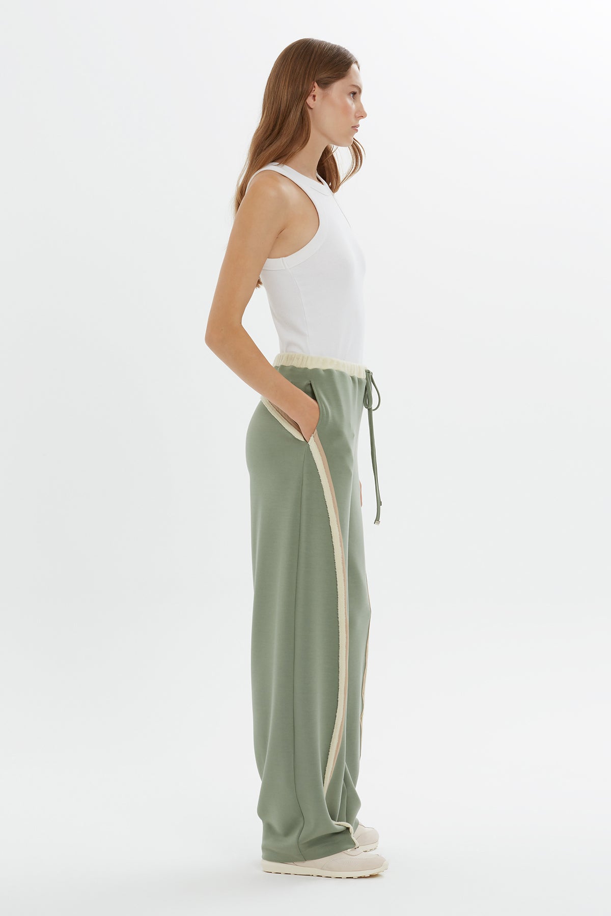 Green Stripe-Detail Wide-Leg Sweatpants