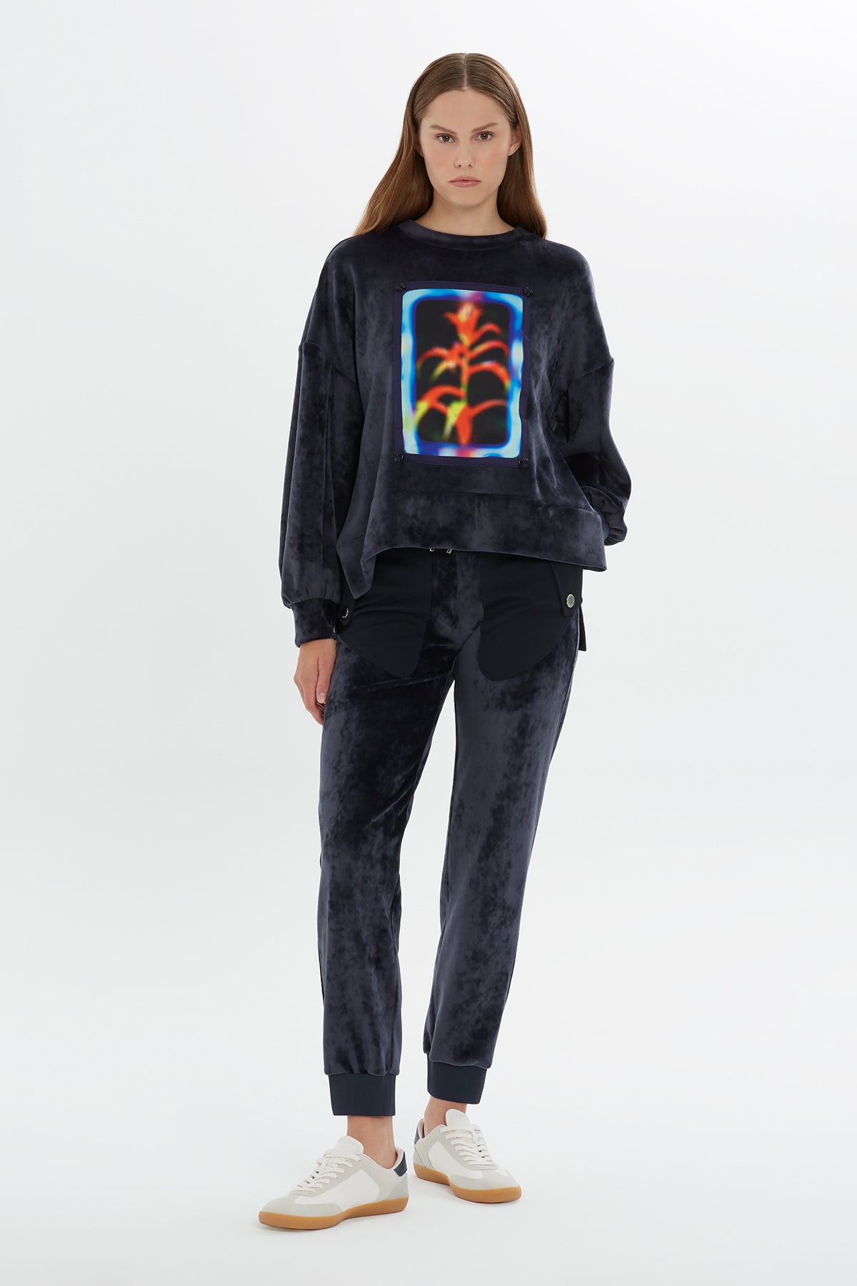 Navy Printed Velvet Sweatshirt